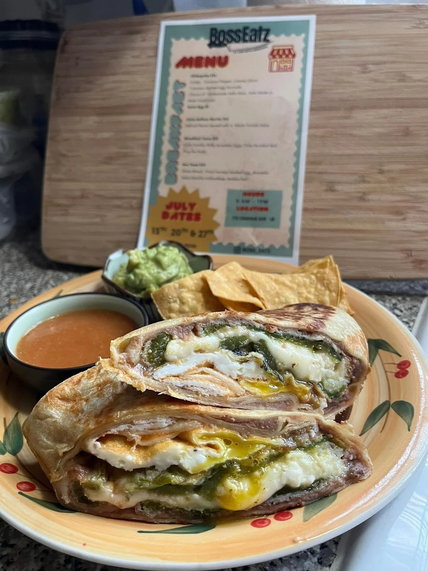 Chile Relleno Burrito 

Whats inside ?? Refried beans , Fried Egg , A whole chile relleno that&rsquo;s been stuffed Oaxaca cheese , panela , queso fresco &amp; a splash of tomato salsa 
Oohh yeah also served with warm salsa on the side 😮&zwj;💨

It&