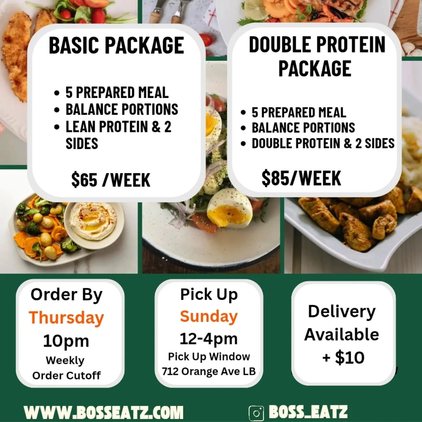 Hey guys, get ready! Meal prep service is launching and here's the menu for this week. Orders due by Thursday, pickup on Sunday. DM to receive the order link 🙂