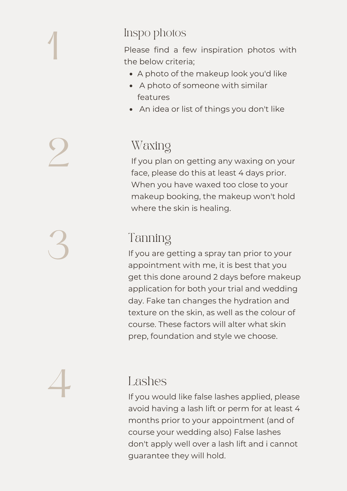 Guide with instructions on inspo photos, waxing, tanning, and lashes, formatted as numbered sections with descriptive text.