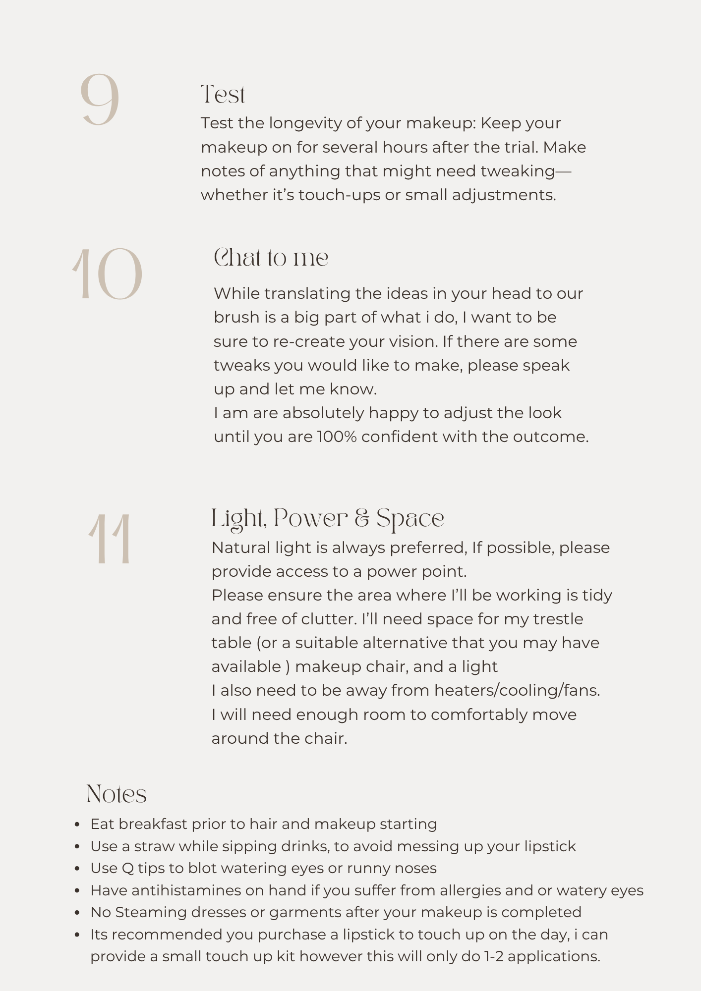 A page from a makeup guide with numbered sections and tips, including testing makeup durability, communicating with the makeup artist, ensuring proper lighting, and notes on preparation and products.