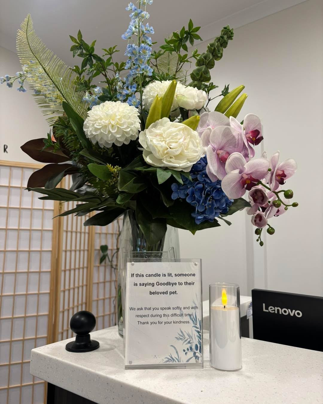 You may notice a candle burning at our front desk.
When the candle is lit, it means a cherished pet is crossing the rainbow bridge and their family is sharing their final moments together. 

We appreciate your kindness and understanding as we provide