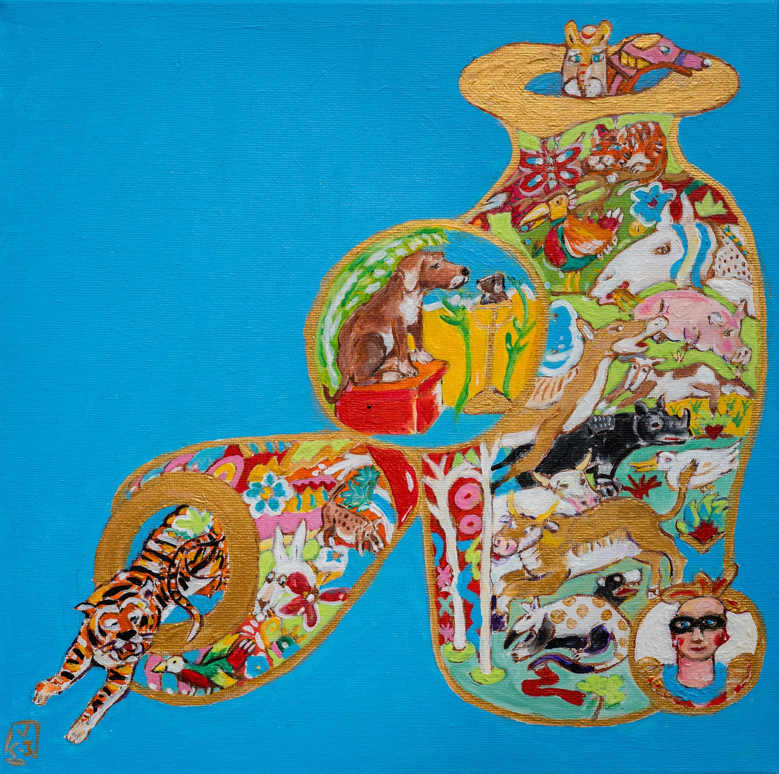 Colorful illustration of a large, stylized letter 'K' filled with various animals and nature scenes, including a tiger, rabbit, dog, horse, pig, zebra, and person, all outlined with golden borders on a bright blue background.