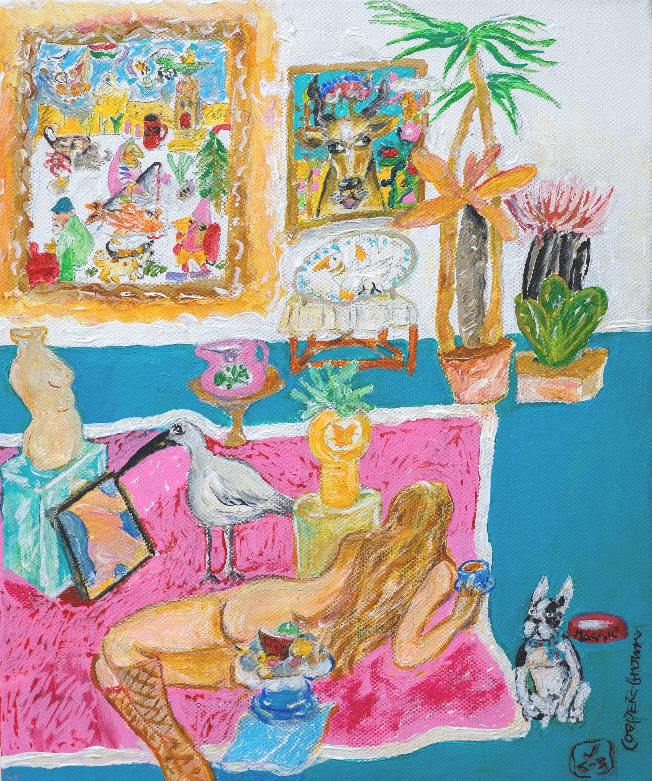 Colorful painting of a room with a woman lying on a pink sofa, various animals including a heron, a dog, and a dog statue, plants, and framed artwork on the walls.