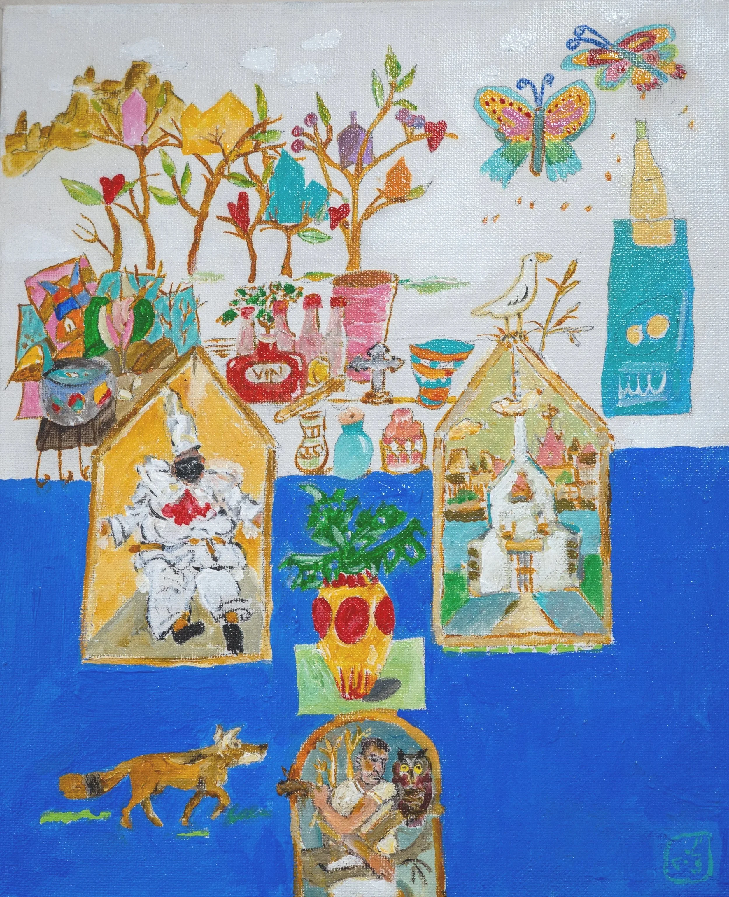 Colorful painting of a living room scene with various objects and decorations, including butterflies, birds, plants, bottles, and household items.