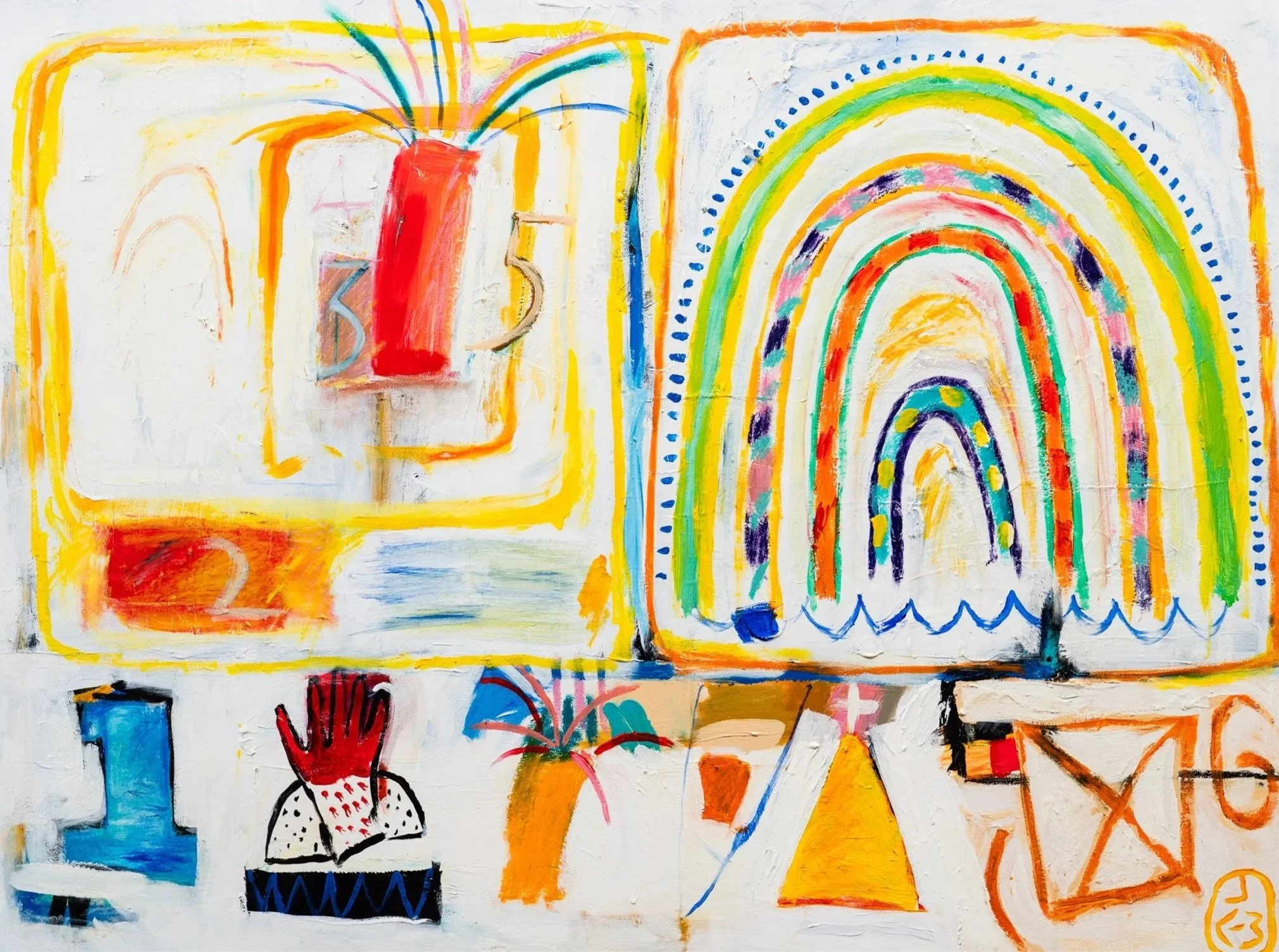Colorful abstract painting with rainbows, numbers, and symbols.