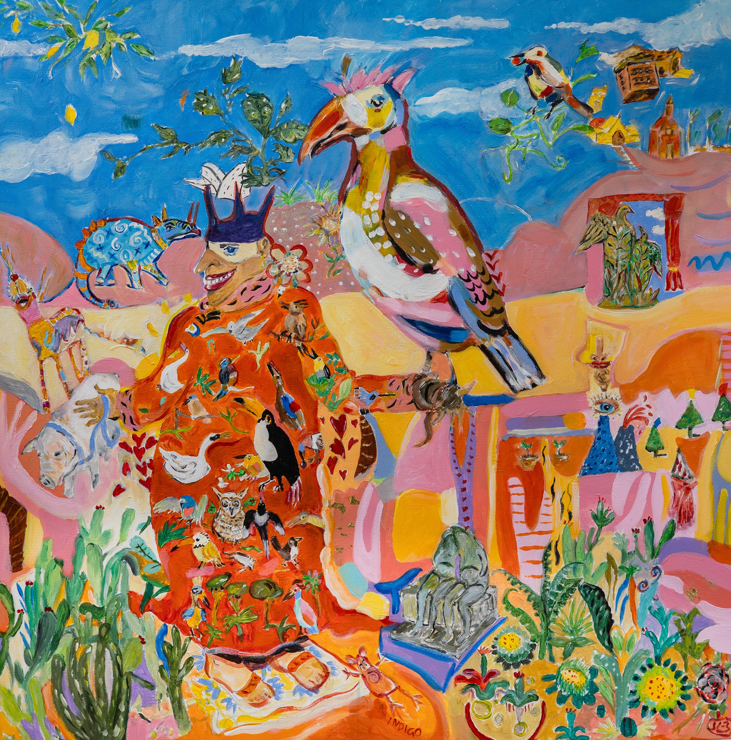 Colorful and whimsical painting featuring a woman with striped face paint, multiple animals including a large bird, cats, owls, ducks, and various plants, with a vibrant blue sky background.