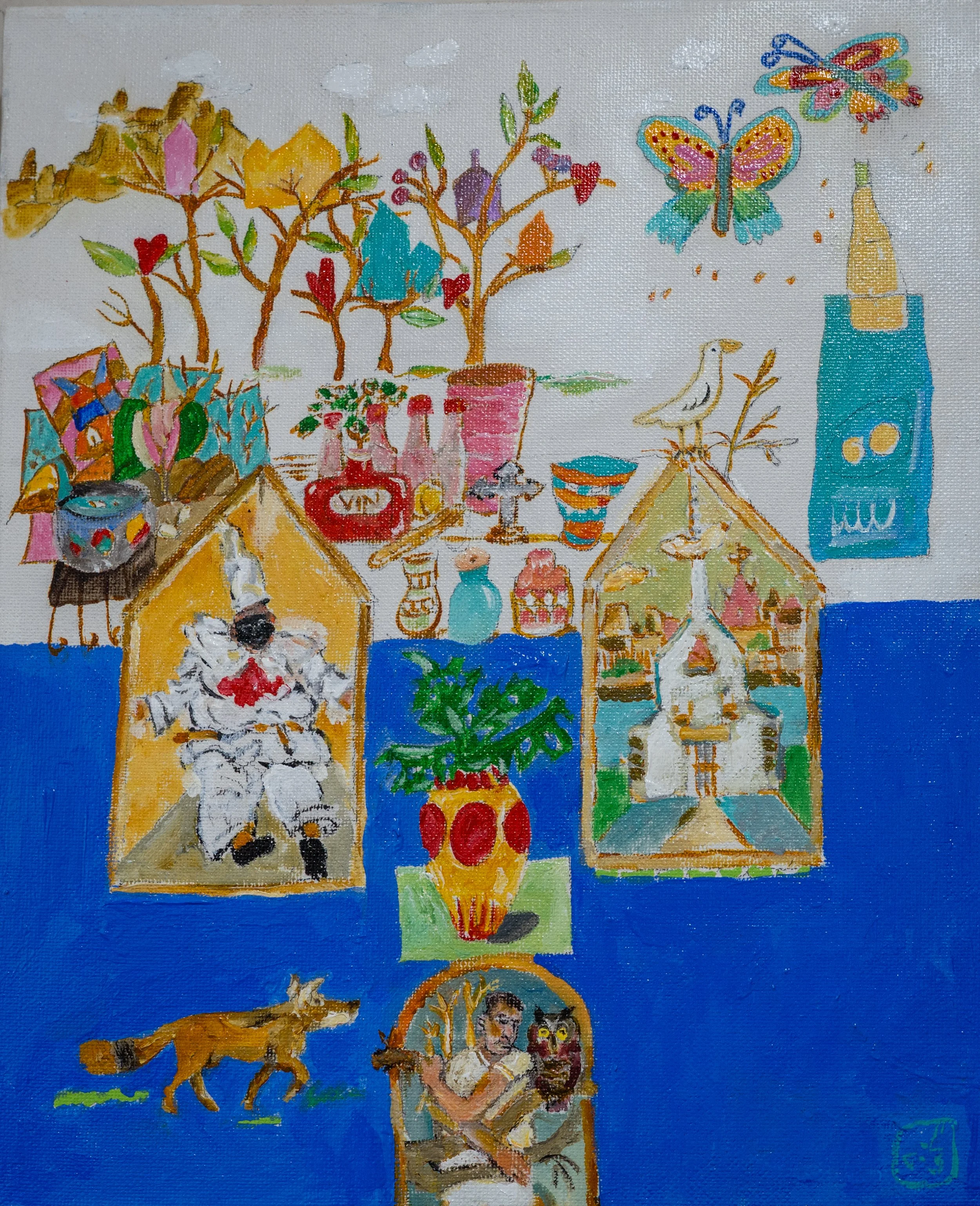 Colorful painting of various objects including a dog, a person reading a book with two masks, a potted plant, a house, butterflies, a bird, and bottles, with a blue background and clouds at the top.