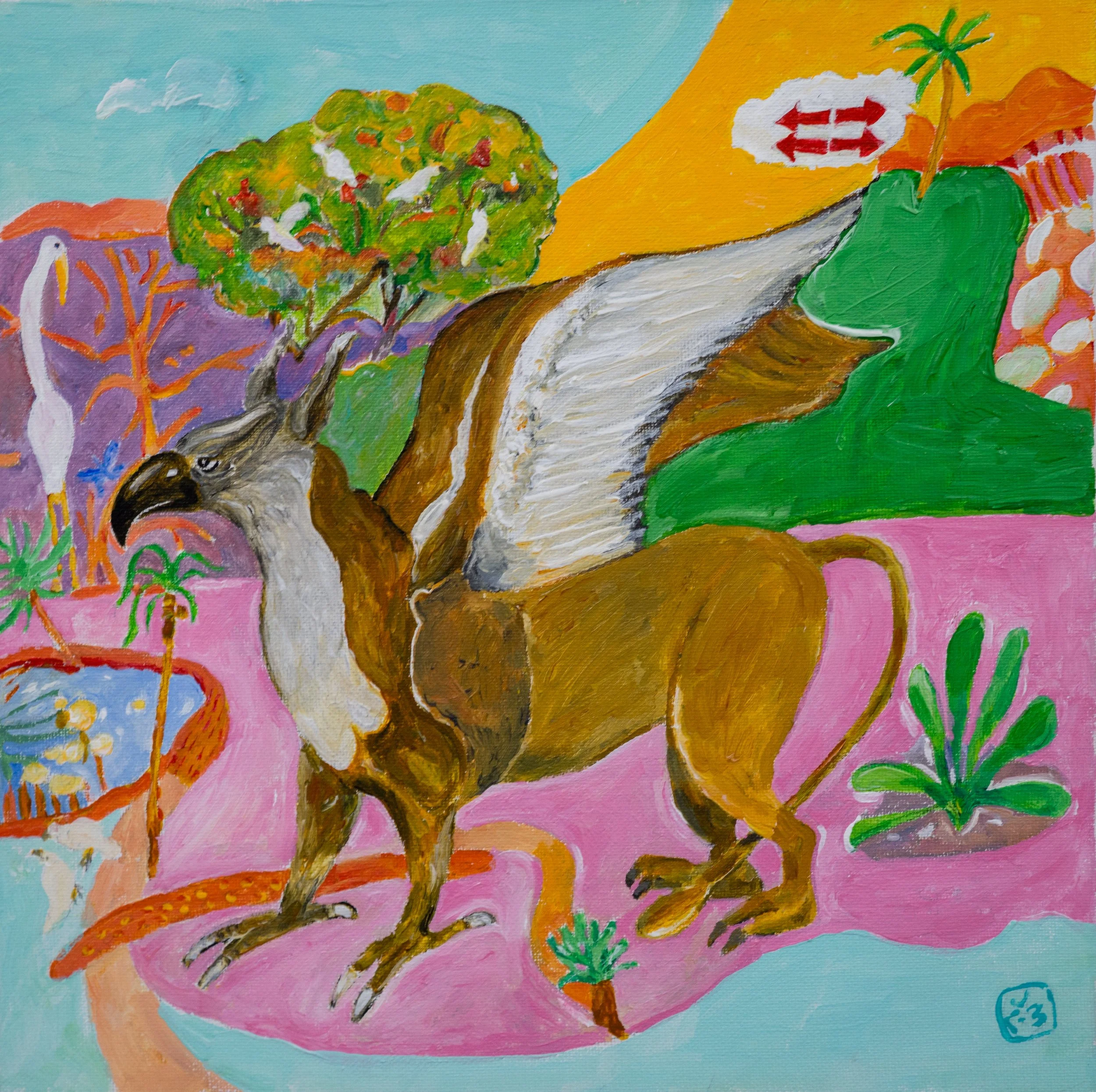 Colorful painting of a mythical creature with the body of a lion and the head of an eagle, set against a vibrant landscape with trees, plants, a pond, and mountains in the background.
