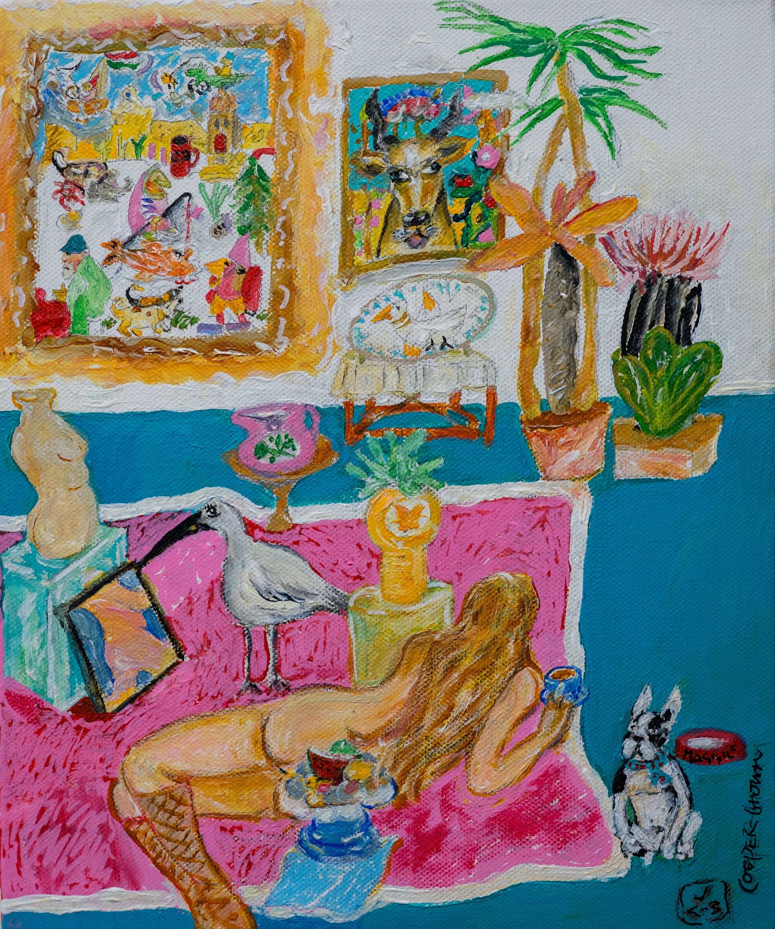 Colorful painting of an interior with a woman lying on a pink couch, surrounded by a bird, dog, and various plants, with framed artwork on the wall.