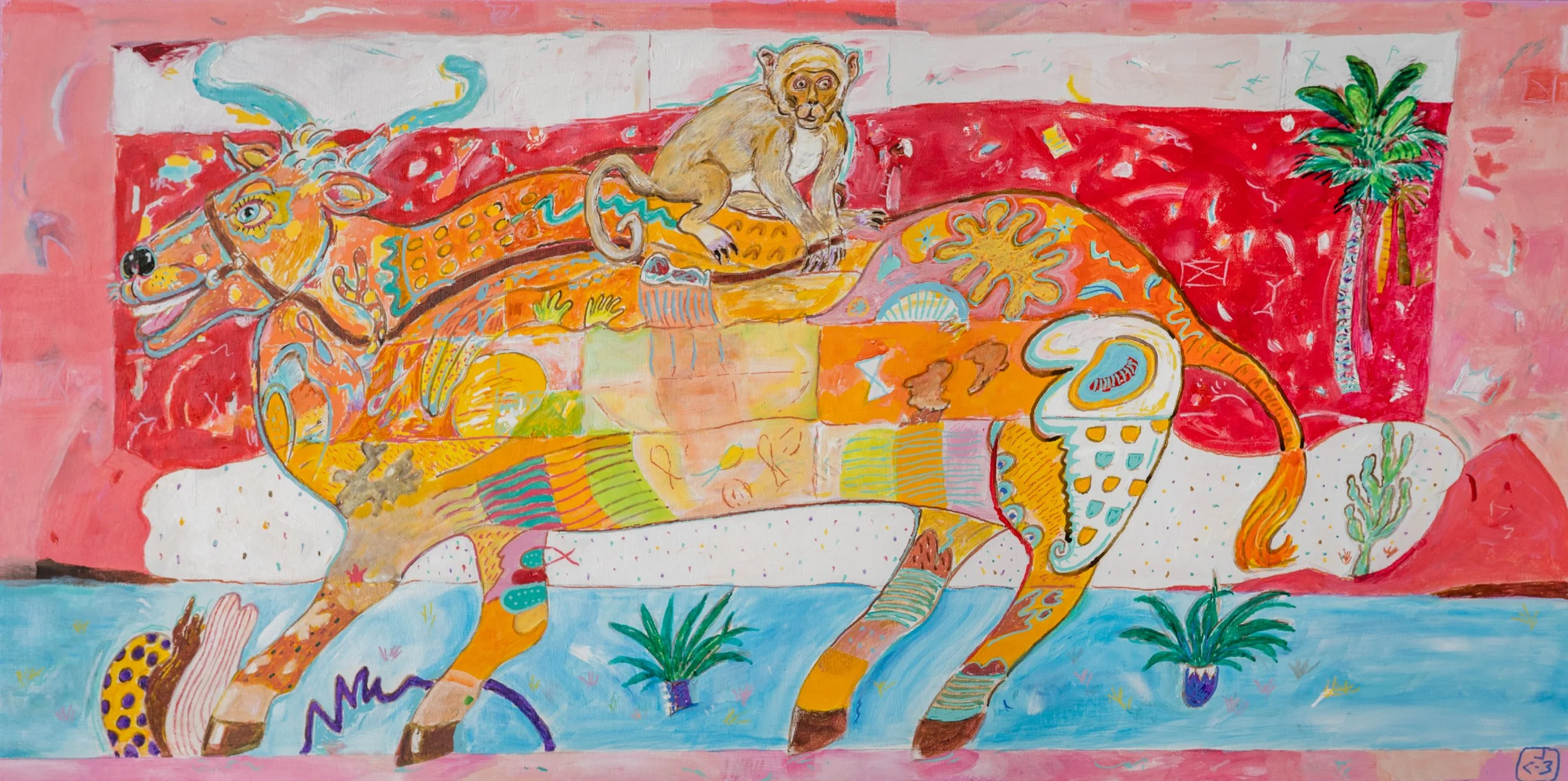 Colorful abstract mural featuring a tiger with a lion's head, a monkey, and tropical plants on a red and pink background.