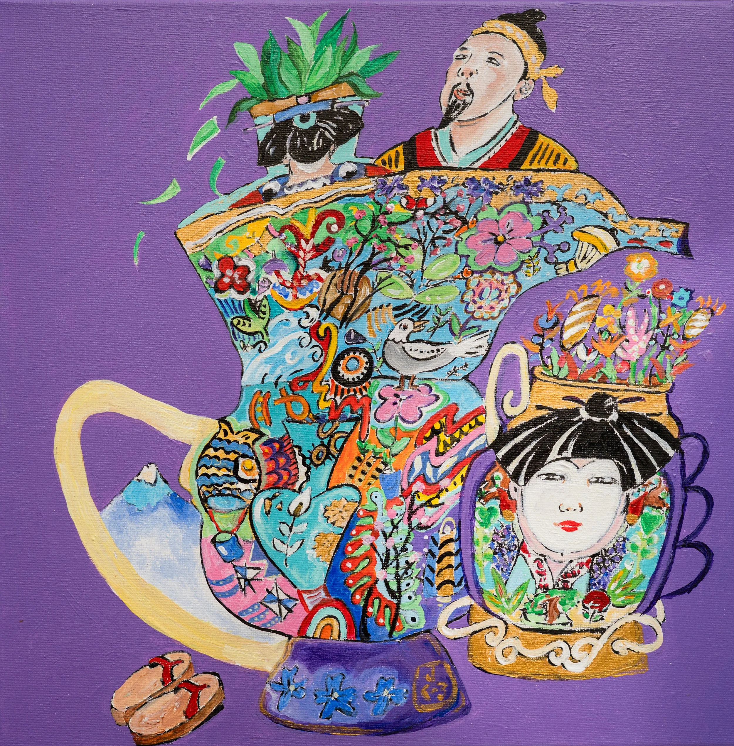 Colorful illustration of traditional Asian costumes and imagery painted on two large teapots with a purple background.