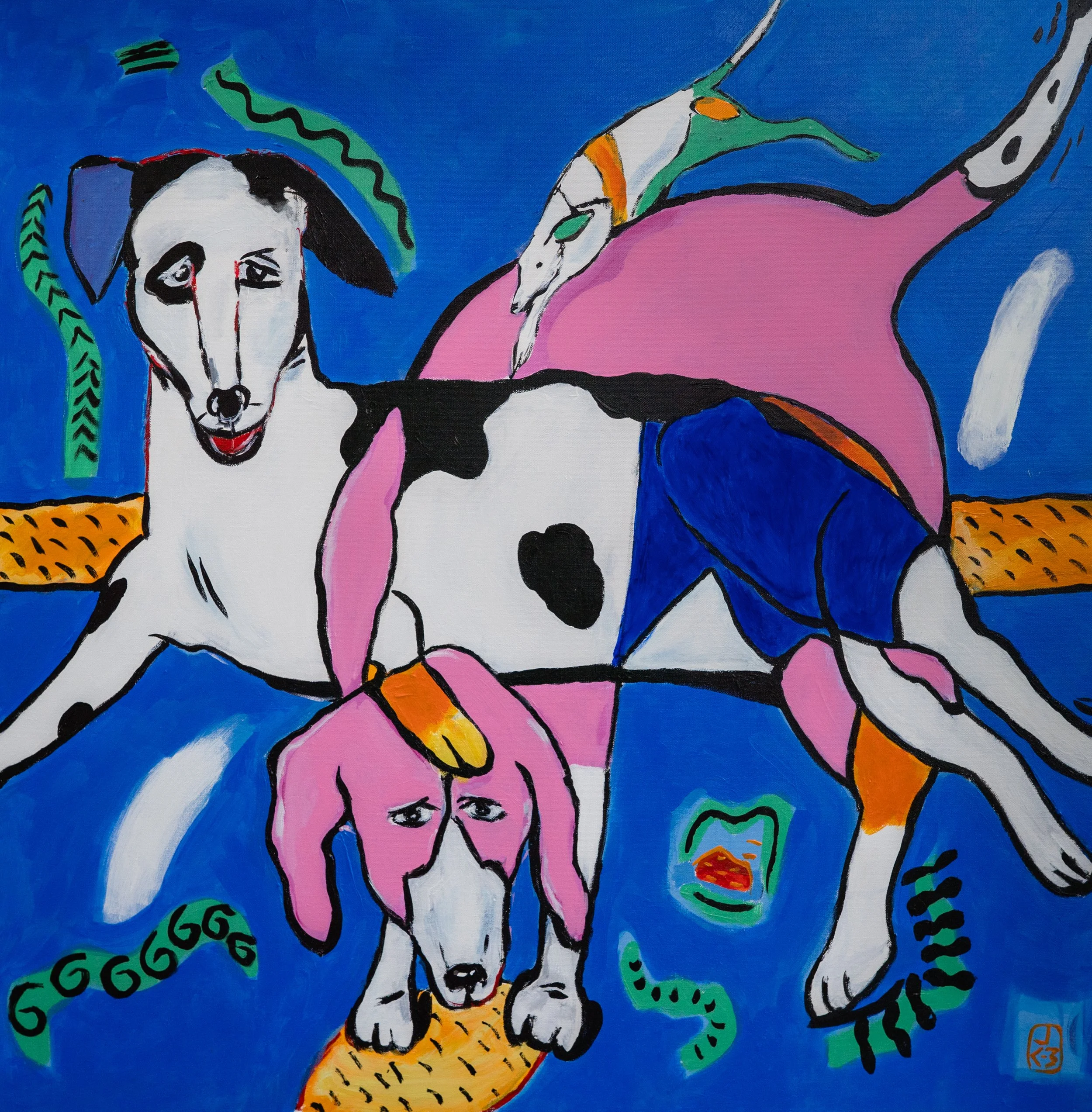 Colorful painting of two dogs, one standing and one lying down, with abstract background elements in bright colors.