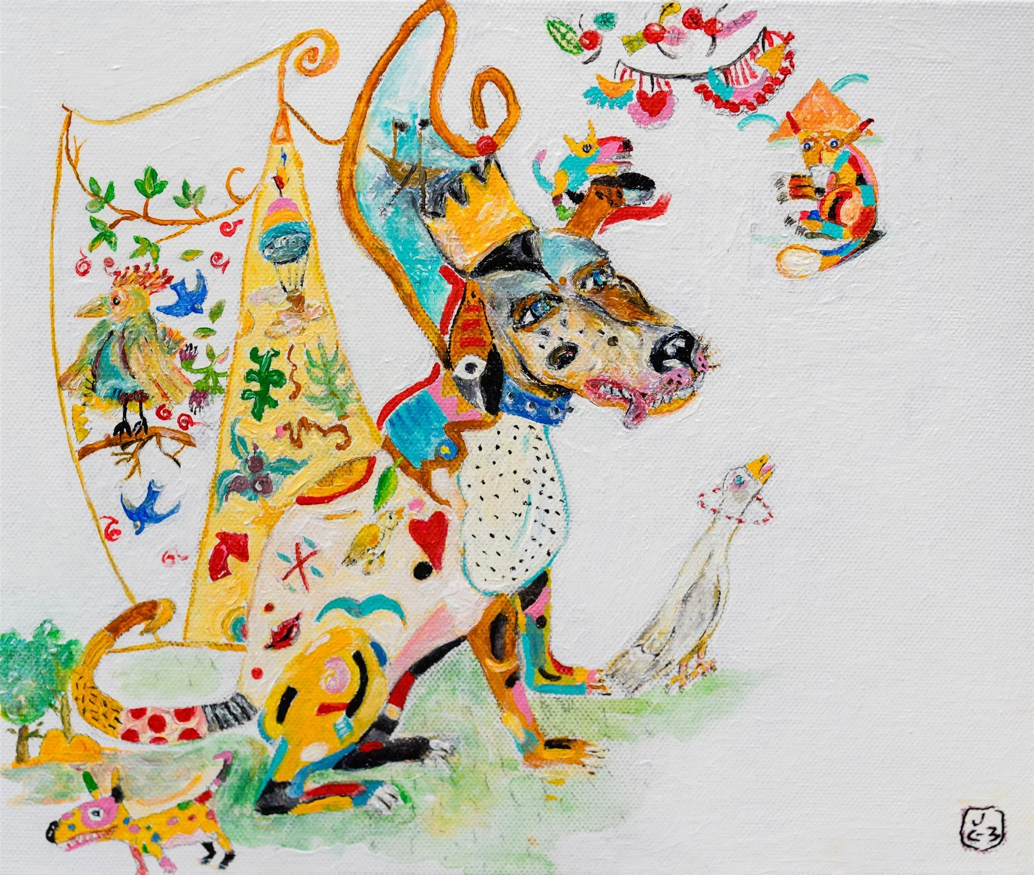 A colorful, whimsical painting of a dog with a giraffe's neck and head, decorated with various patterns and bright colors. There are also small animals and decorative elements around it, including a chicken, a rabbit, and birds, set against a white b