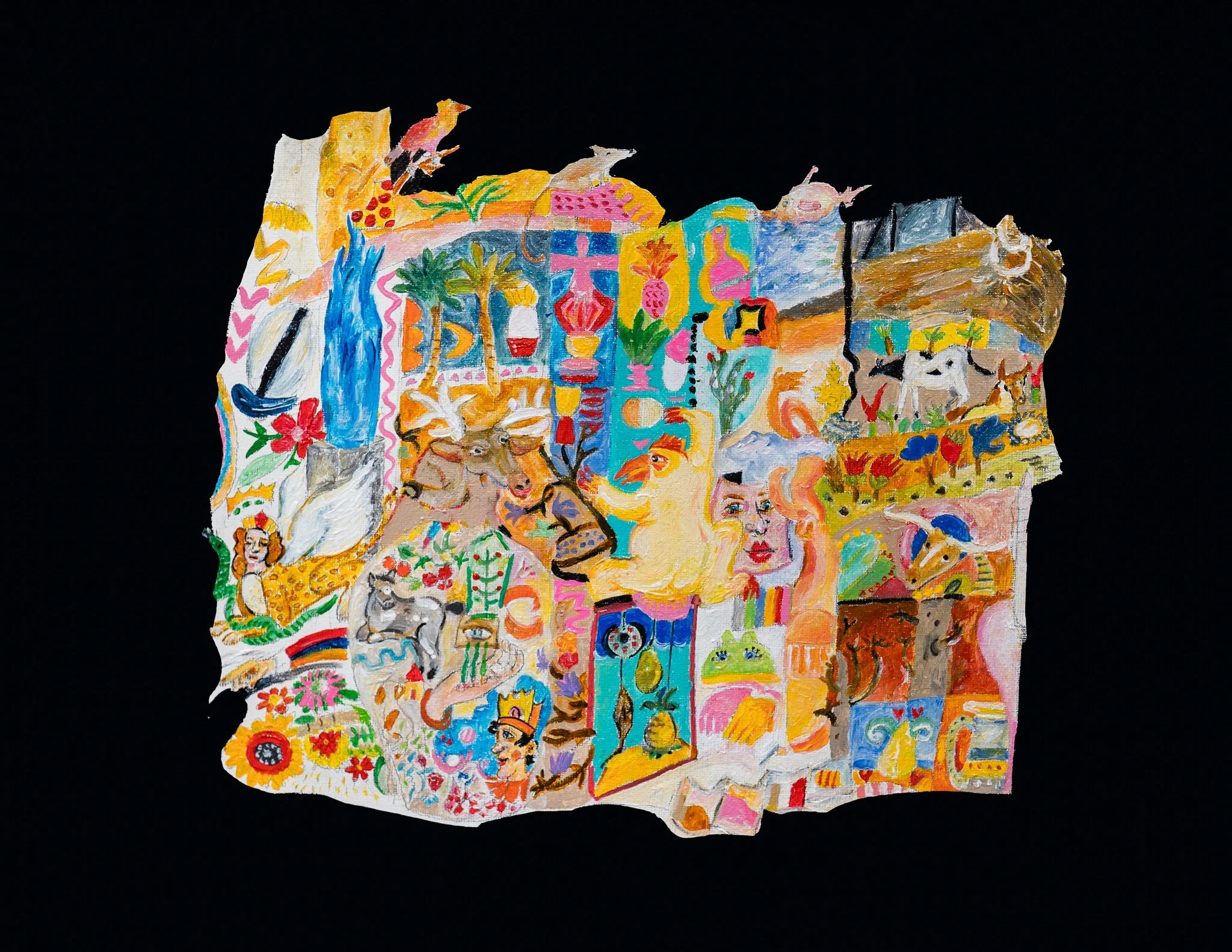 Colorful, abstract illustration of the shape of California with various scenes and objects, including animals, plants, and people, painted with bright colors on a black background.