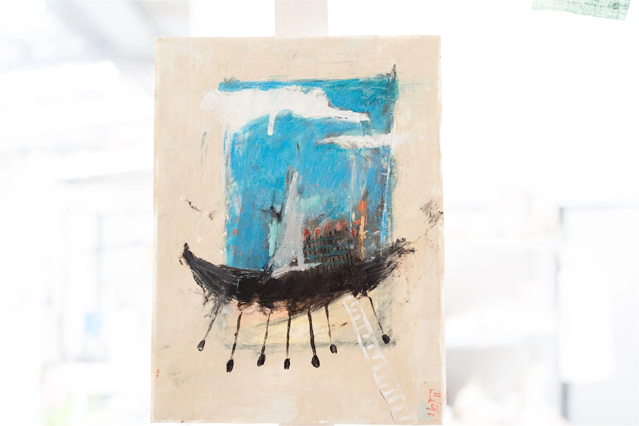 Abstract painting of a Viking ship with a black hull, white and blue sail, and a ladder leaning on it, on a light-colored canvas.