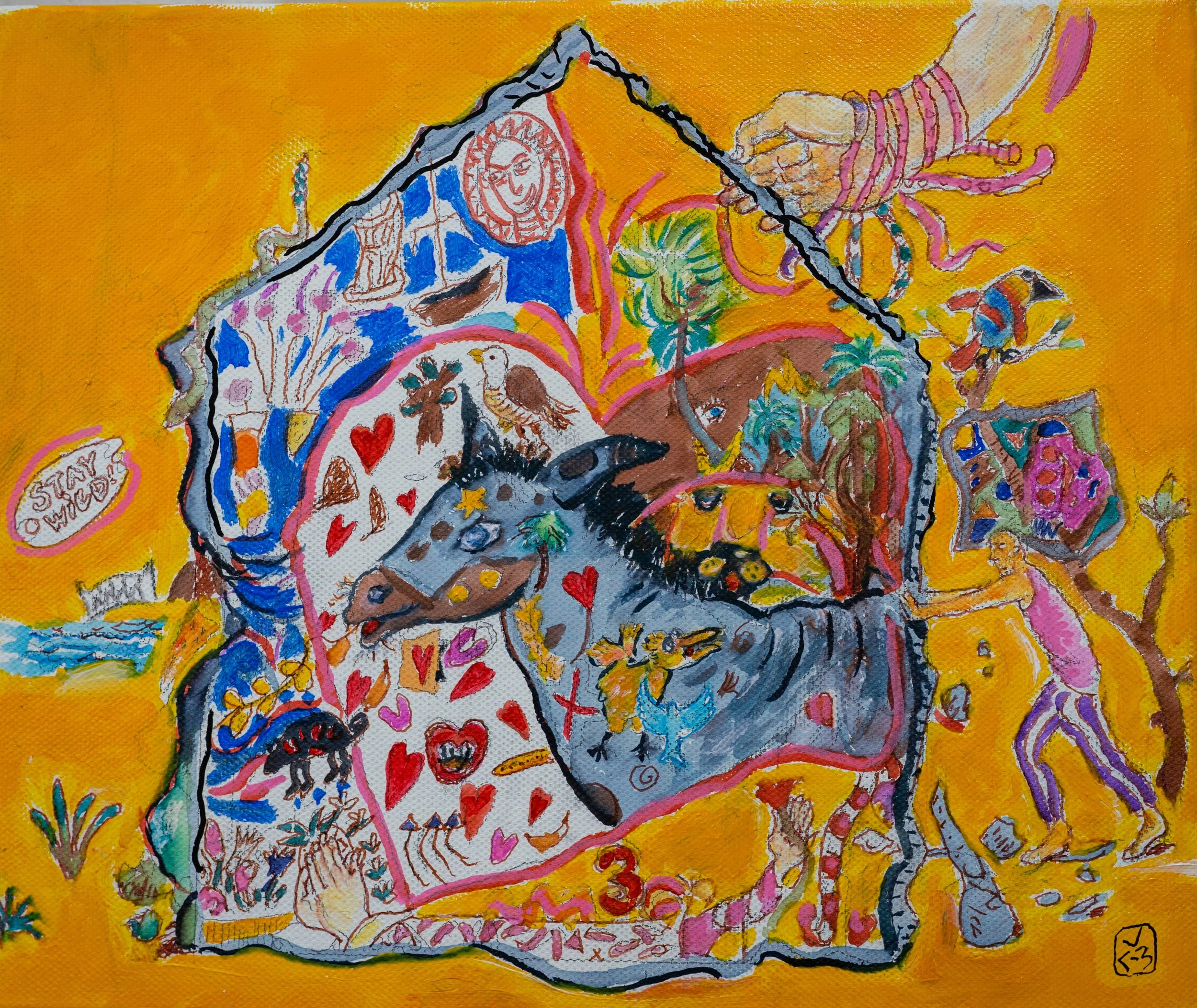 Colorful, abstract painting featuring a large turtle with various symbols and images on its shell, including hearts, animals, and faces, set against a yellow background with a small speech bubble reading 'STAY WILD'.