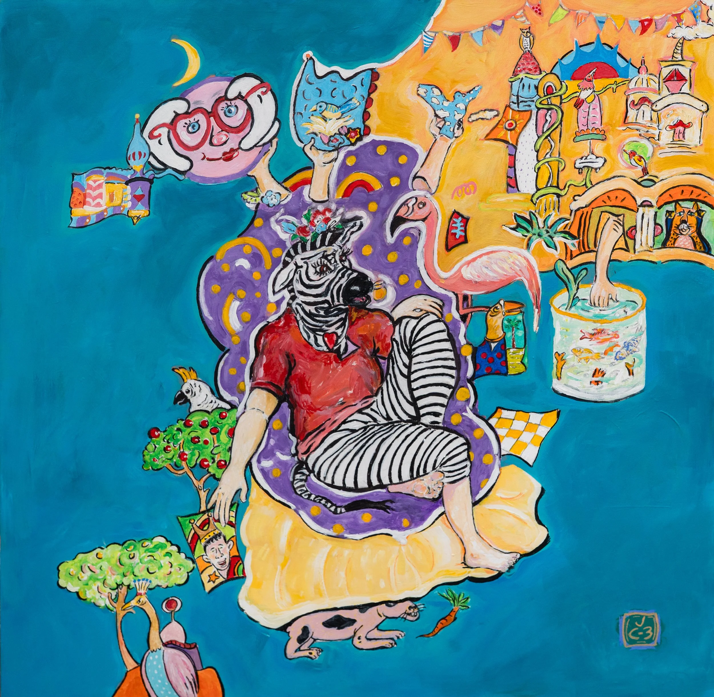 Colorful painting of a humanoid zebra with a human body and a zebra head, sitting on a purple dotted cushion. The zebra is wearing a red shirt and striped pants, surrounded by various whimsical and fantastical elements, including a flamingo, a dog, t