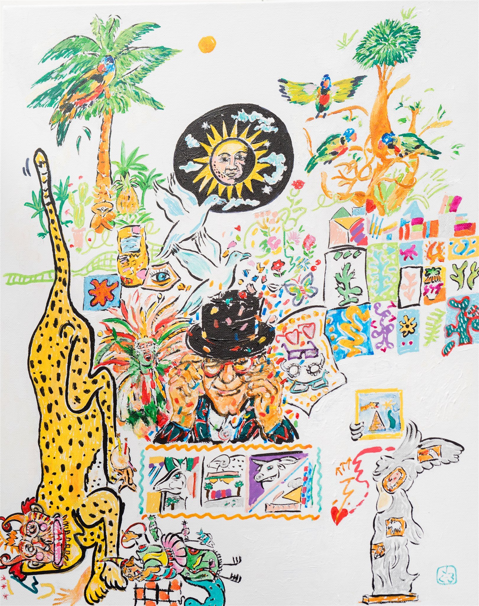 A colorful abstract painting with various elements including a giraffe, a palm tree, a sun with a human face, several birds, a white dove, a clown, and other whimsical illustrations.