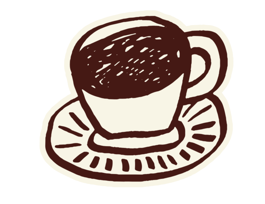 Drawing of a coffee cup on a saucer, with dark coffee inside.