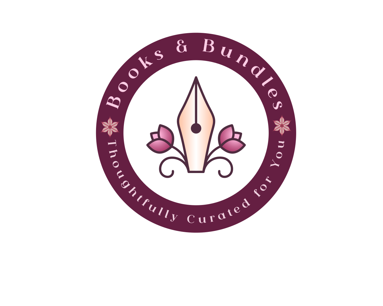 Logo for Books & Bundles featuring a fountain pen nib with pink floral accents, surrounded by the text 'Books & Bundles' and 'Thoughtfully Curated for You'.