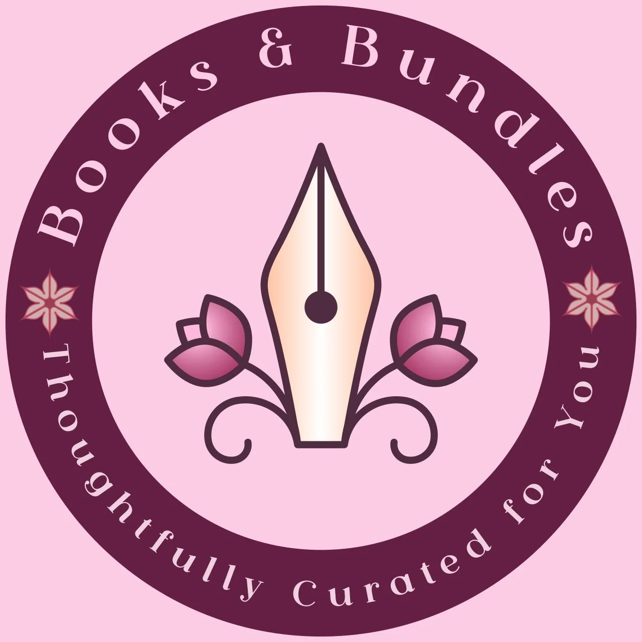 Logo with a purple circular ring containing the text 'Books & Bundles' at the top and 'Thoughtfully Curated for You' at the bottom, surrounding a central graphic of a pen nib with pink leaves.