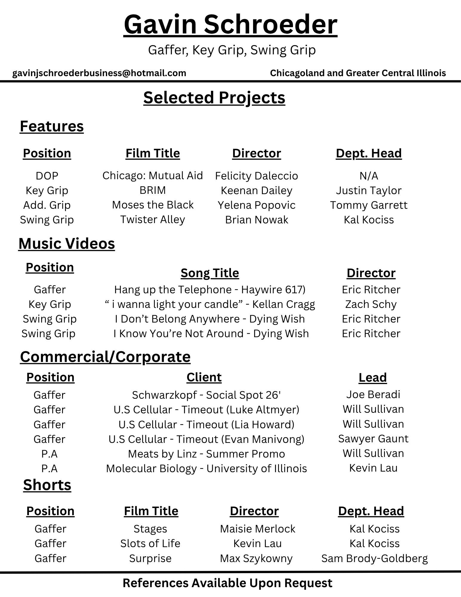 A resume for Gavin Schroeder, a filmmaker and student, listing selected projects in features, music videos, commercials, shorts, and references available upon request. The resume includes contact information, project details, and key collaborators.