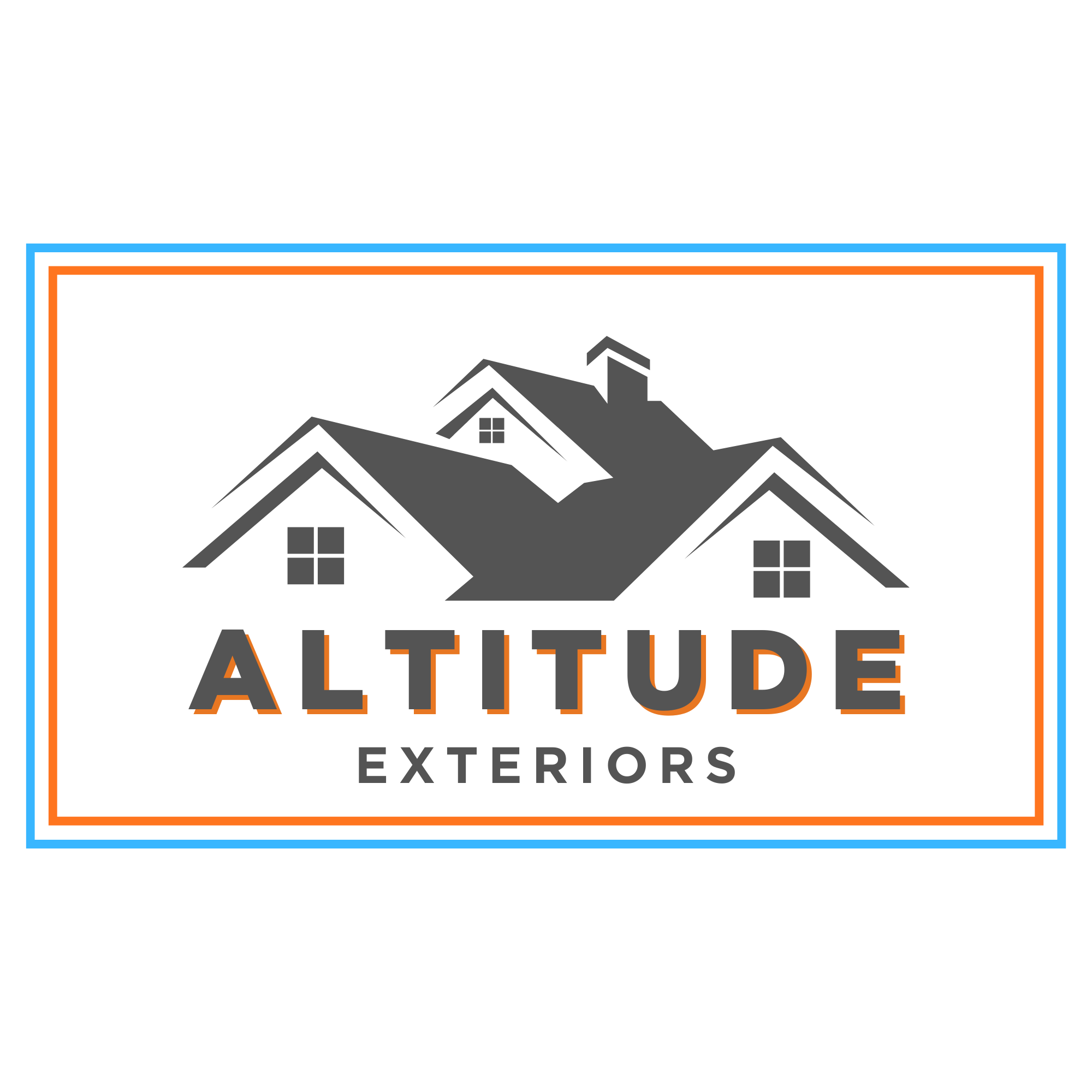 Logo for Altitude Exteriors featuring a stylized gray house with multiple roofs and small windows, with the company name "ALTITUDE" in large letters and "EXTERIORS" below it, enclosed in a rectangular border with a blue and orange outline.