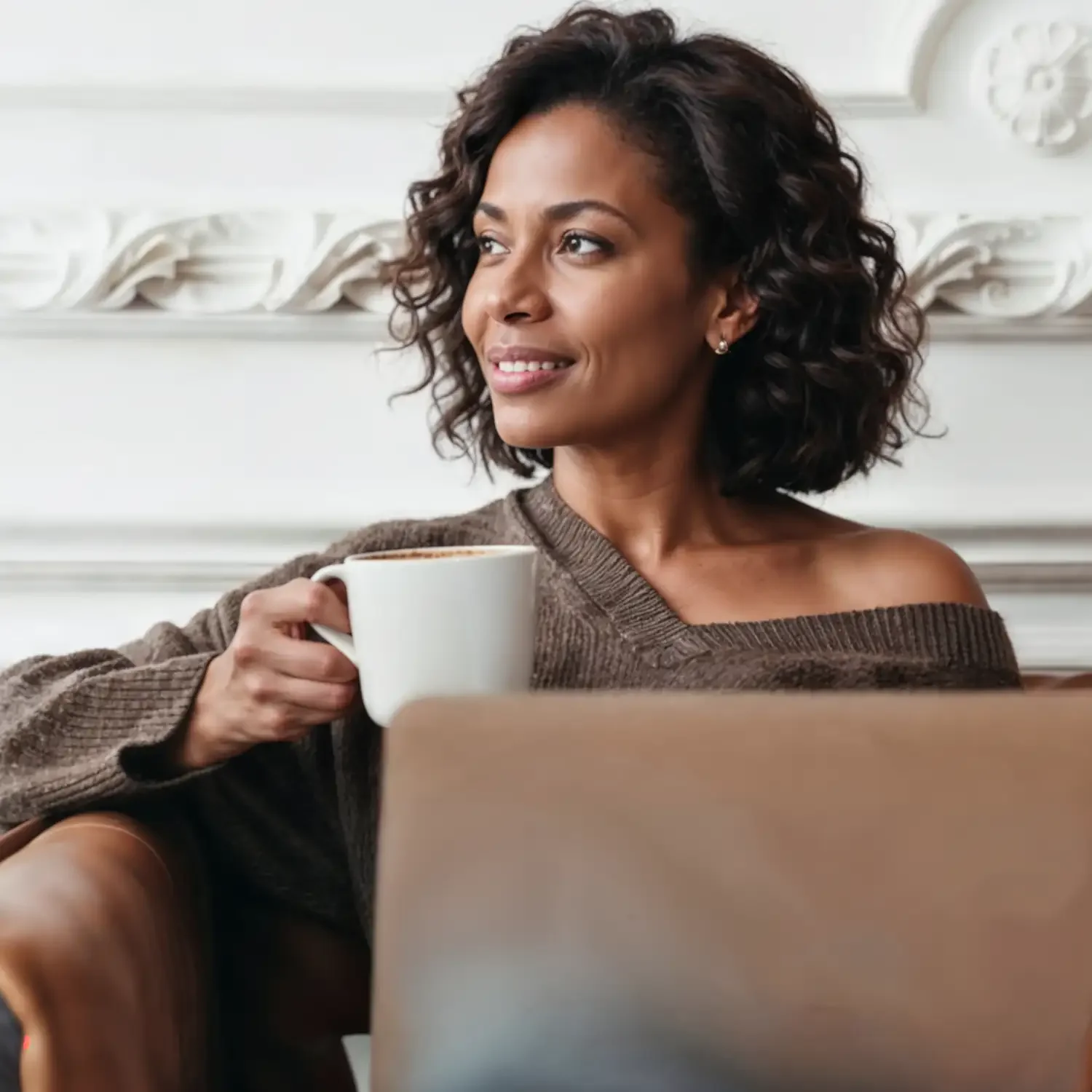 A woman with curly dark hair sitting at a table, holding a white mug, and looking off to the side with a smile.