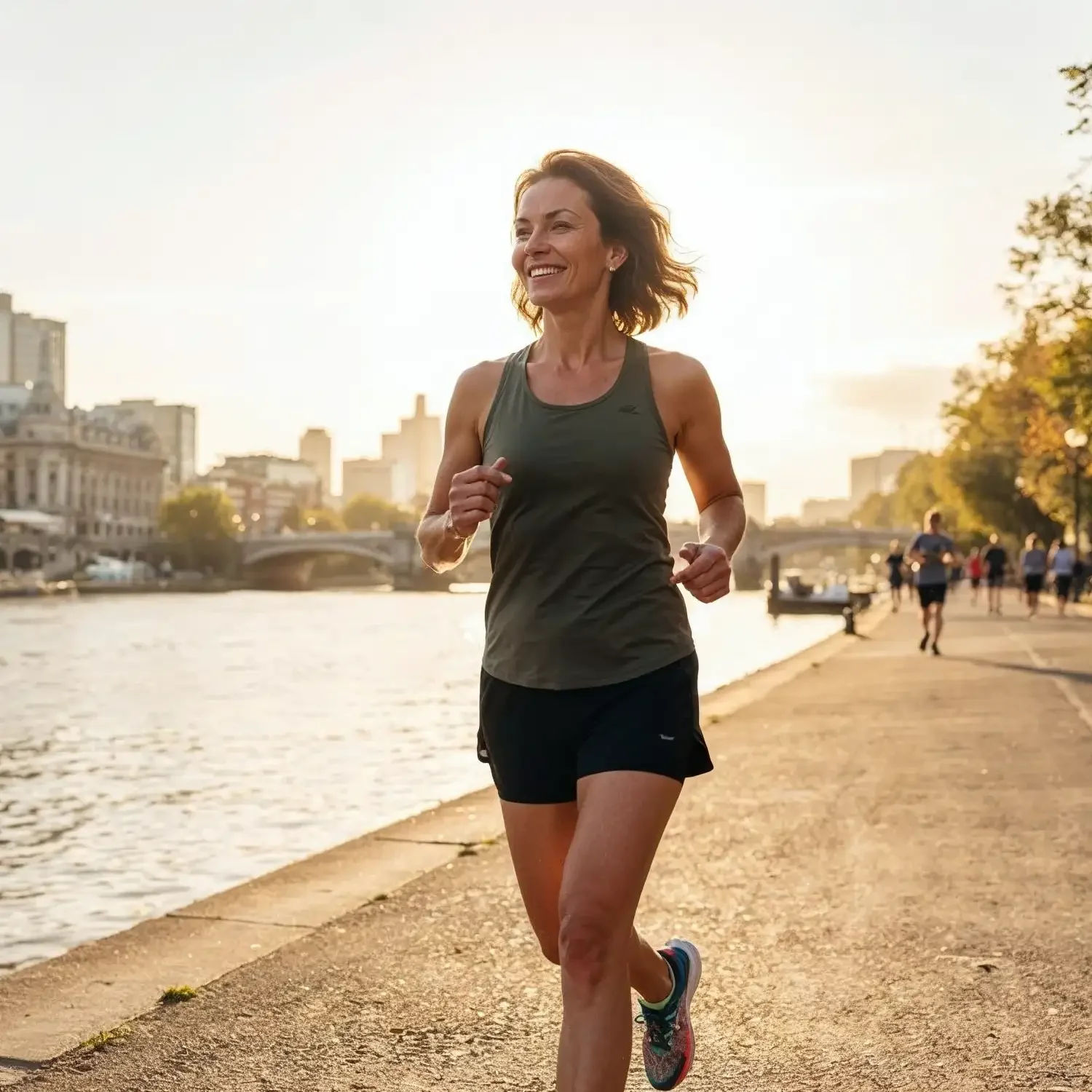 A woman jogging along a river promenade during sunset, with city buildings in the background and other runners in the distance.