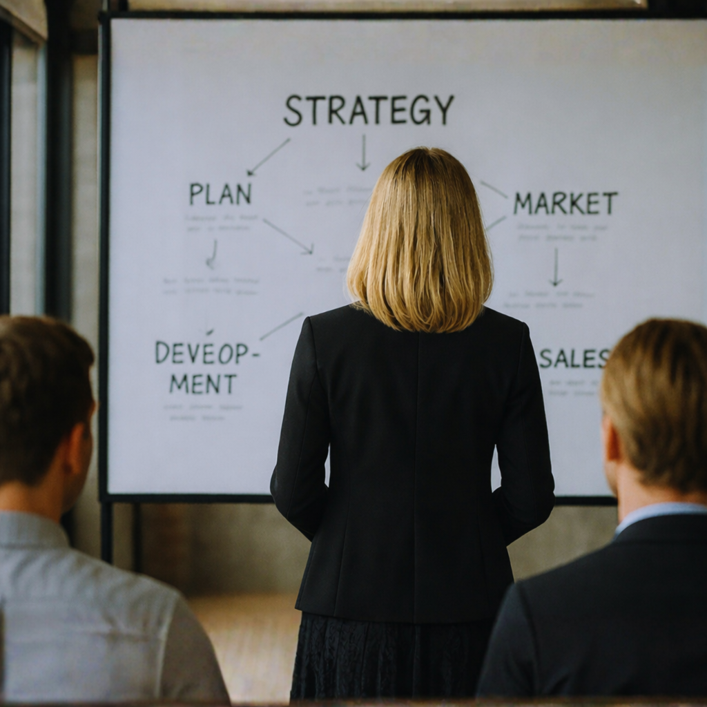 Businesswoman presenting a strategy flowchart on a whiteboard to a group of colleagues.