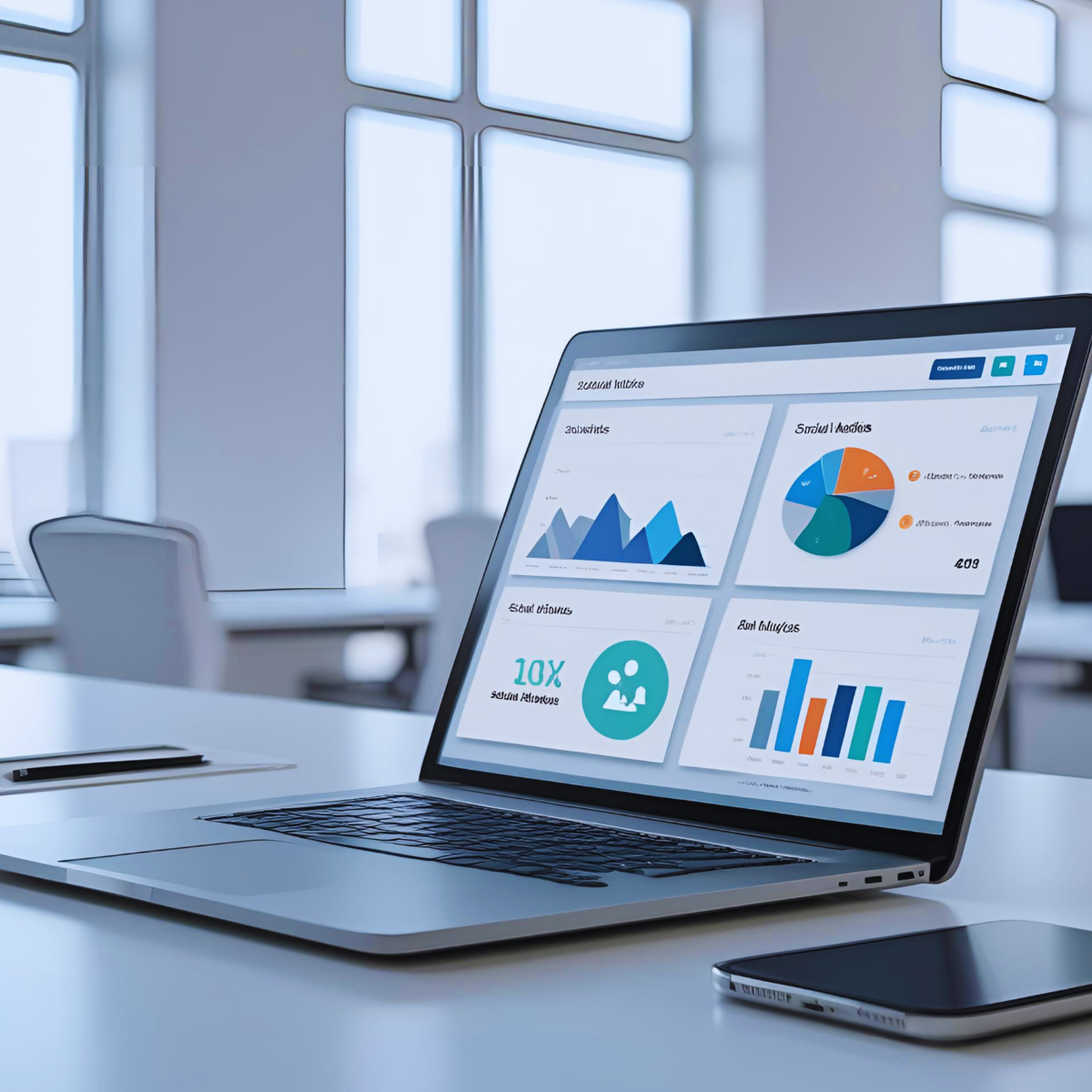 A laptop on a white conference table displaying various business analytics charts and graphs in a modern office setting with large windows and white chairs.