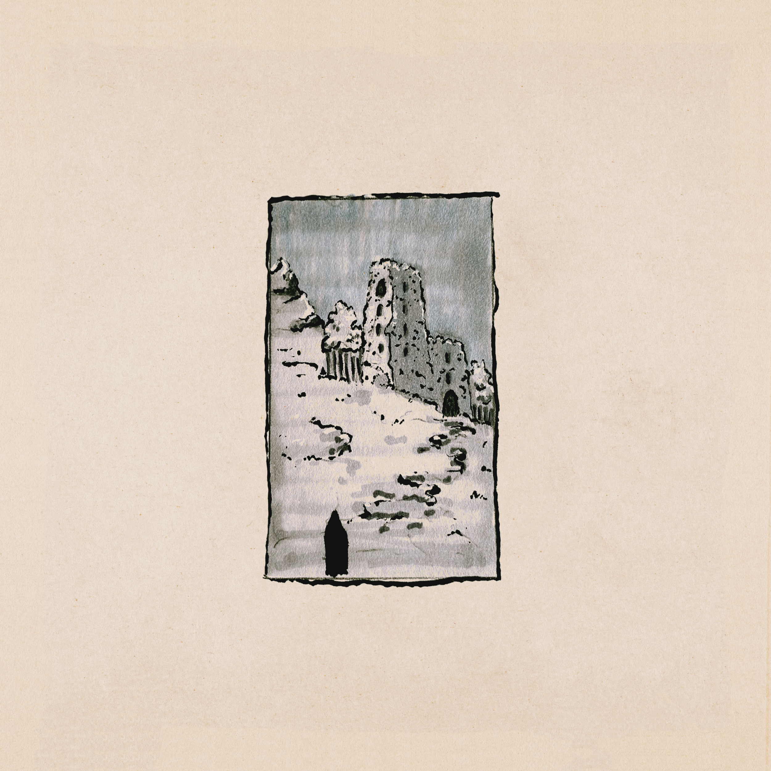 A sketch of a castle ruin on a hill with trees and path in front.