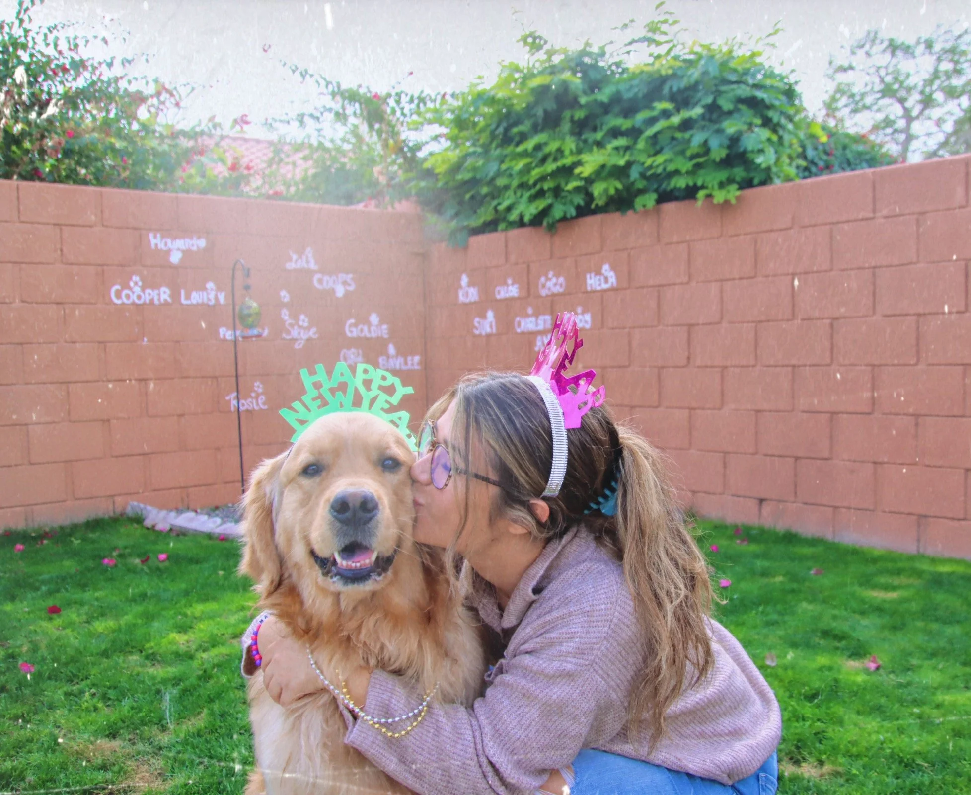 A woman wearing a pink 'Happy New Year' headband and a pink crown kisses a golden retriever on the face in a backyard with green grass, a brick wall, and colorful decorations for a New Year's celebration-Dog Board & Train in La Quinta CA
