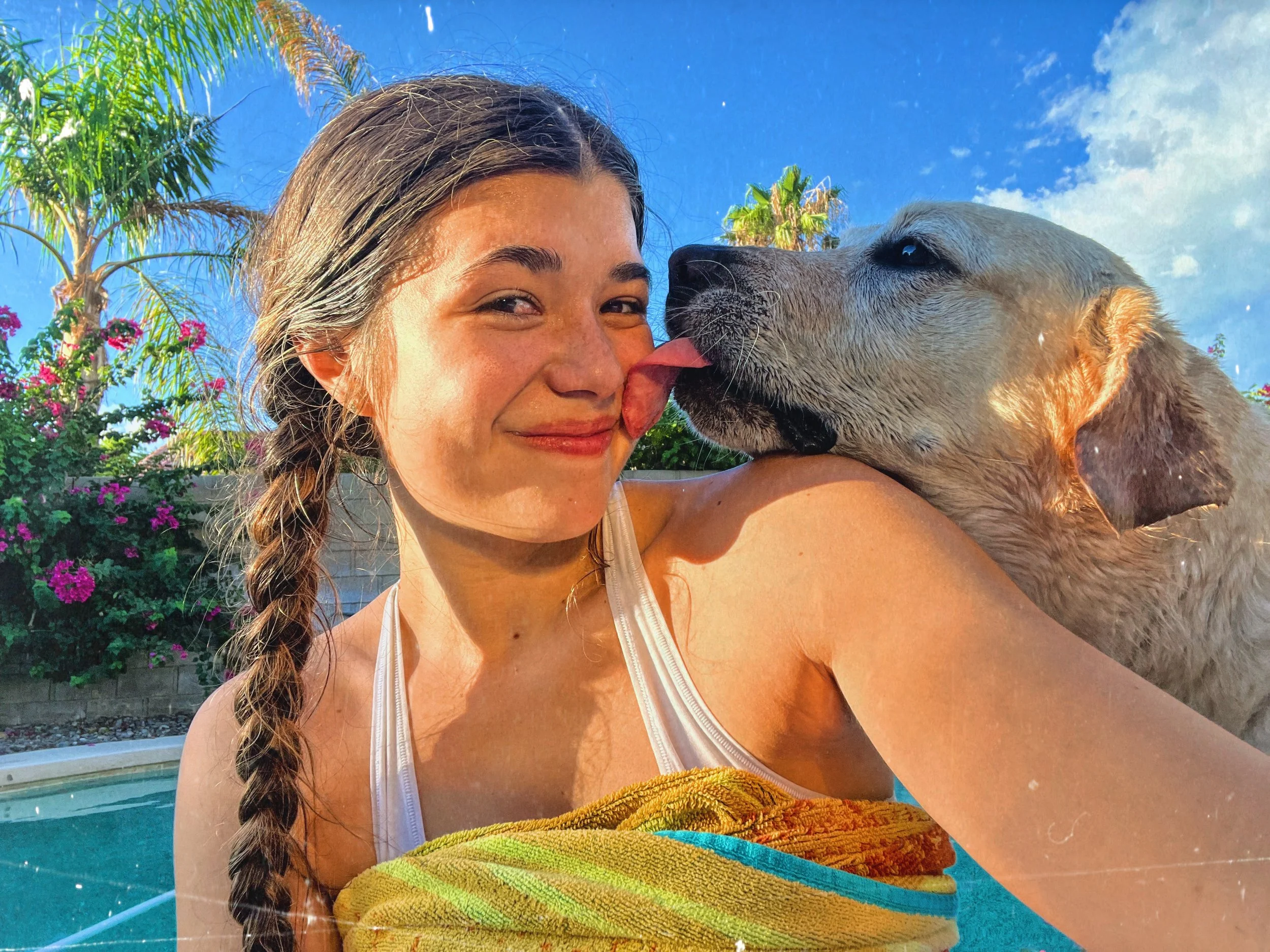 A woman with a braid is smiling while a dog licks her face outdoors near a pool, with trees and flowering bushes in the background on a sunny day-Dog Board & Train in La Quinta CA
