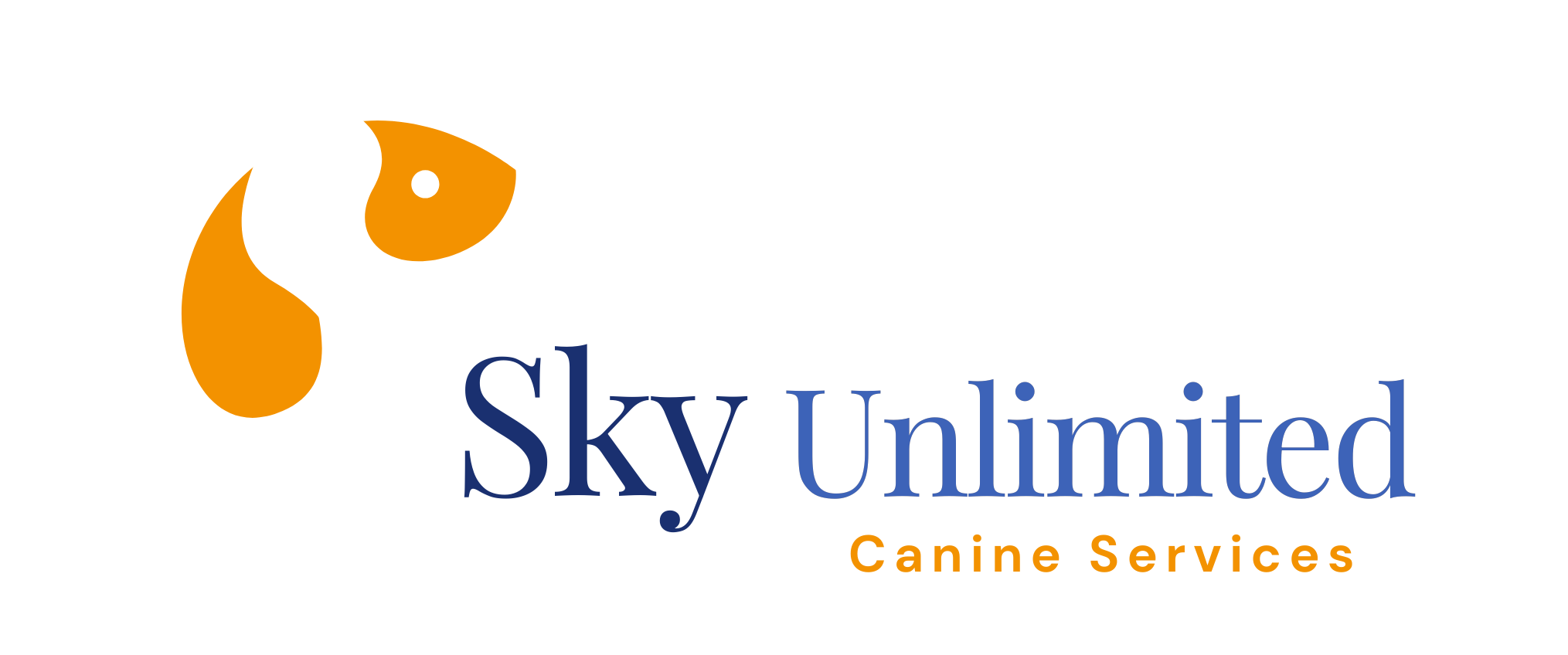 Logo of Sky Unlimited Canine Services featuring a stylized dog's face in white, black, and orange with the company name and tagline.