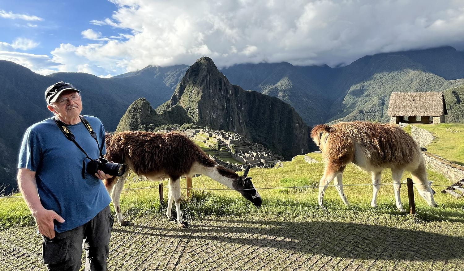 A man with a camera around his neck standing on a grassy hillside with two llamas grazing nearby, Machu Picchu and a mountain range in the background.