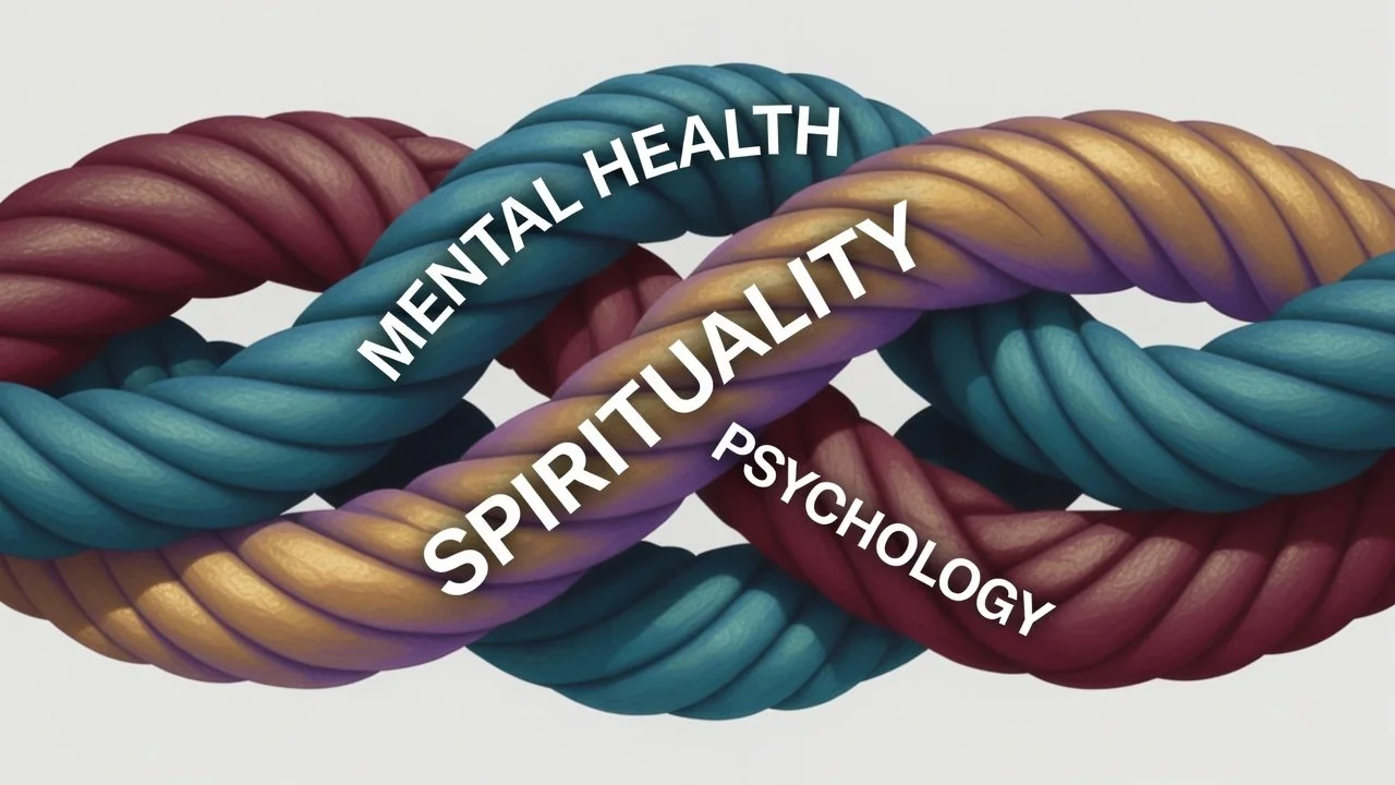 Colorful intertwined ropes with the words 'Mental Health,' 'Psychology,' and 'Spirituality' written across them.