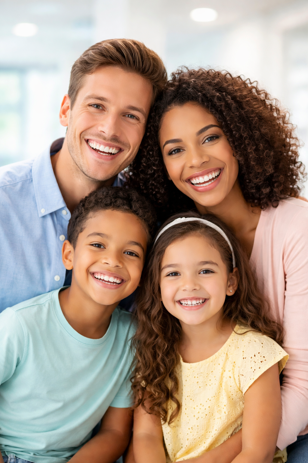 A happy family of four smiling for a photo indoors. The group includes a man with short brown hair, a woman with curly brown hair, a boy with curly black hair, and a girl with long, curly brown hair and a white headband.