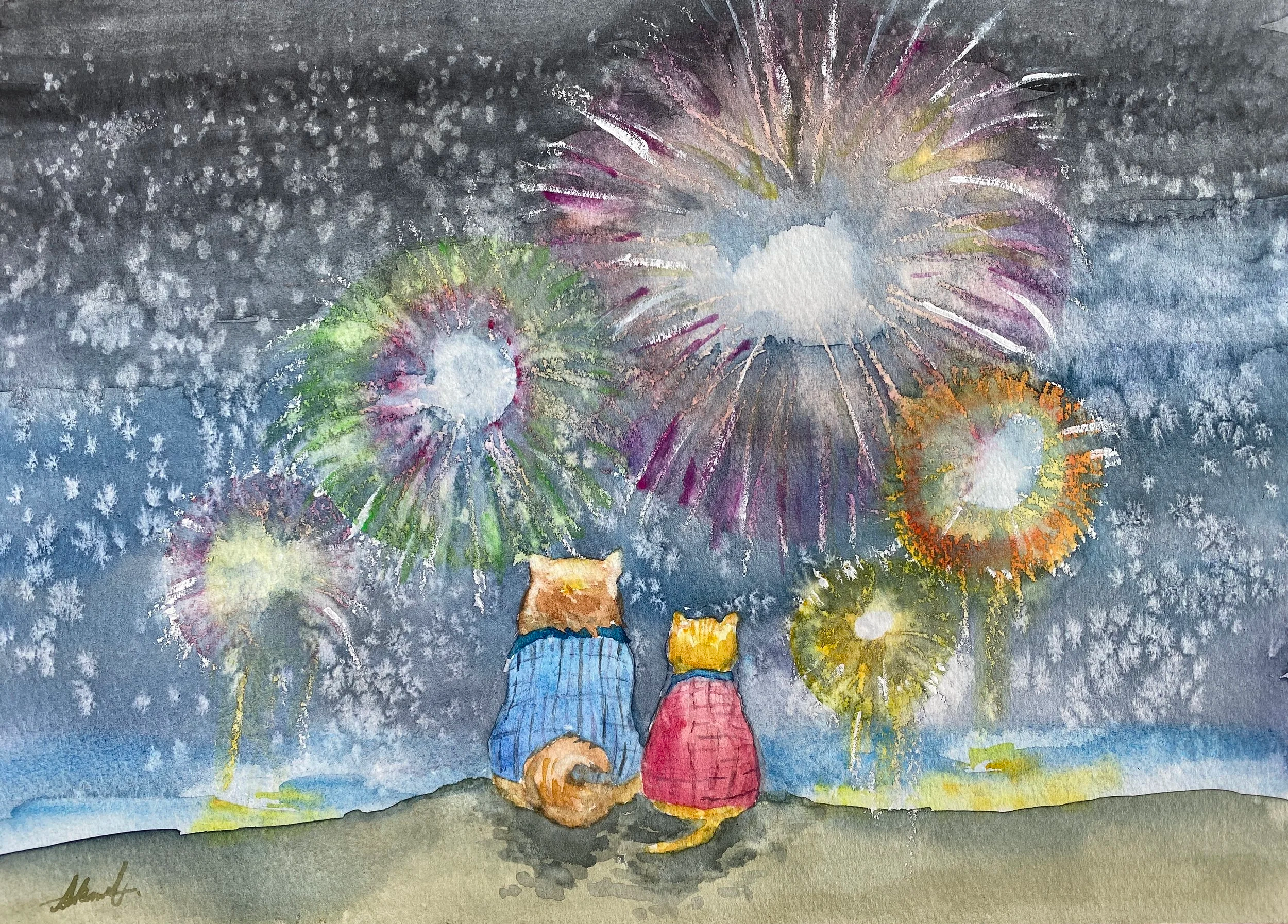 Dog and Cat Beneath Winter Fireworks