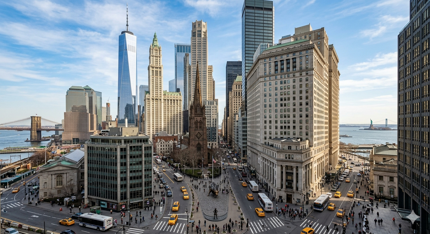 A busy city street in New York City with tall skyscrapers, yellow taxis, buses, and pedestrians. View of the One World Trade Center and the Statue of Liberty in the background.