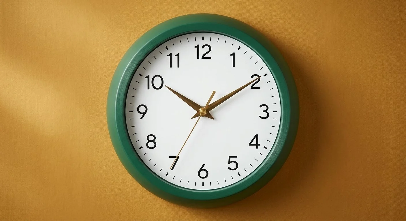 Round wall clock with a green frame, white face, black numbers, black hour and minute hands, and a gold second hand, showing the time as 10:09:34, mounted on an orange wall.