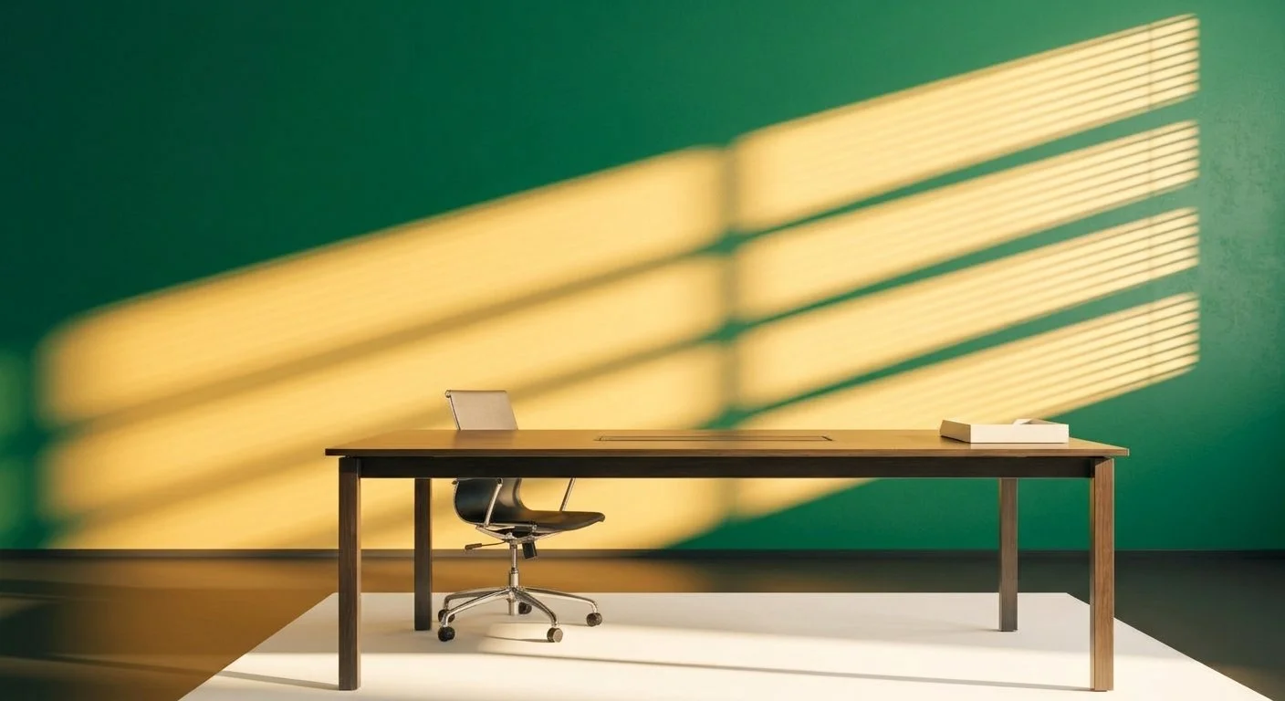 Empty office desk with a black office chair and a closed laptop on a white rug, sunlight casting shadows through blinds on a green wall.