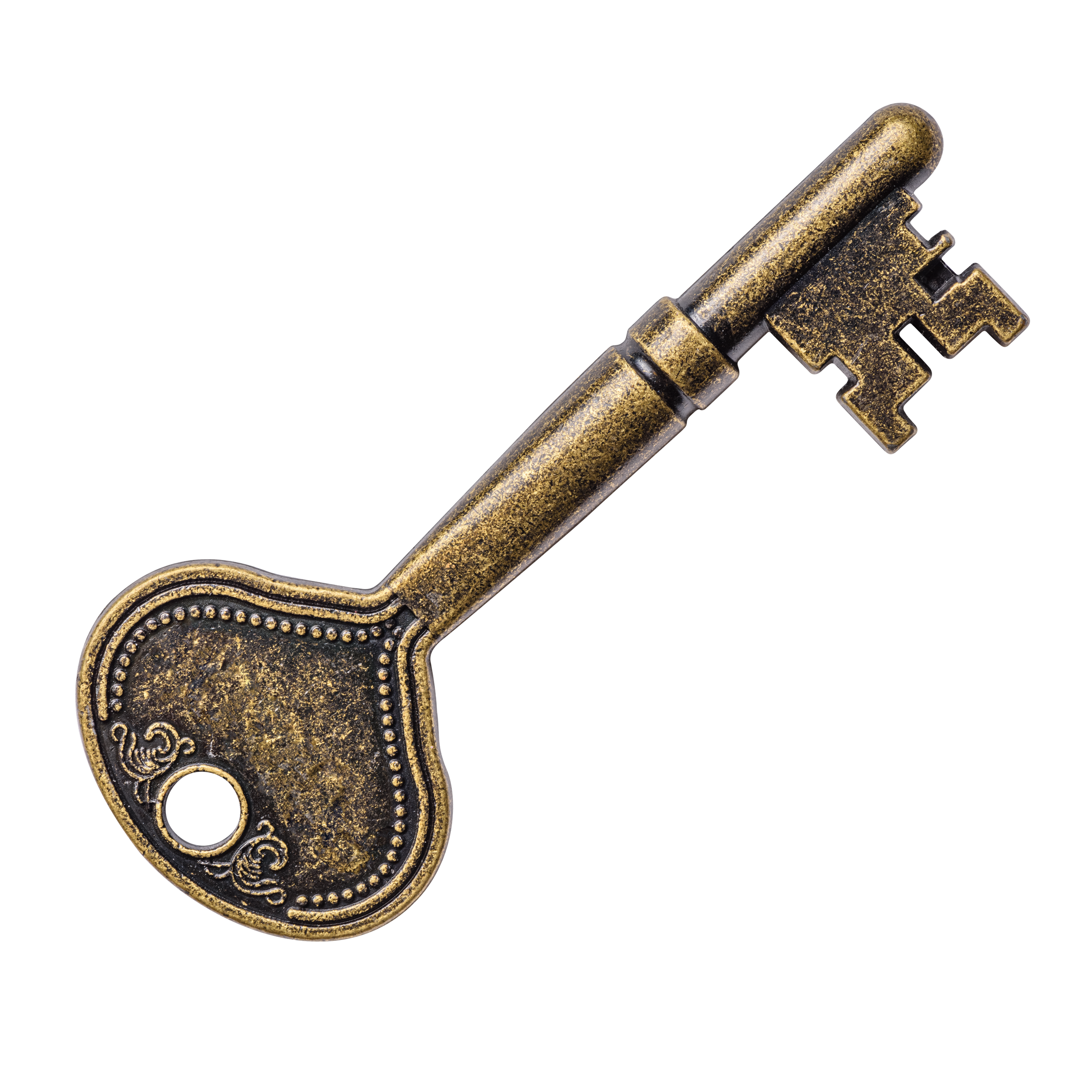 Close up of an antique gold colored key with a round ornate handle and a rectangular, notched blade