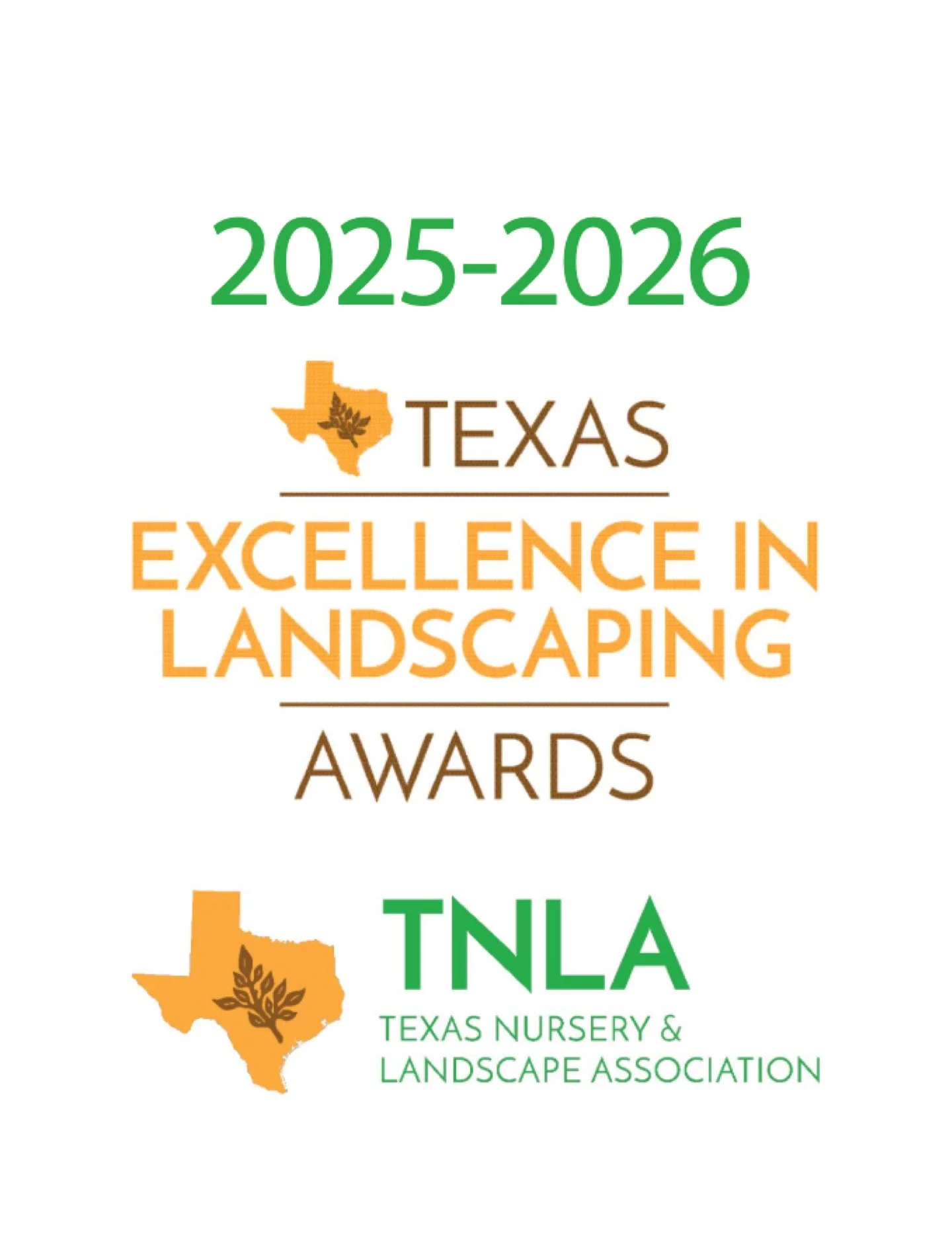 2025-2026 Texas Landscape and Nursery Awards logo with a map of Texas and an oak leaf emblem