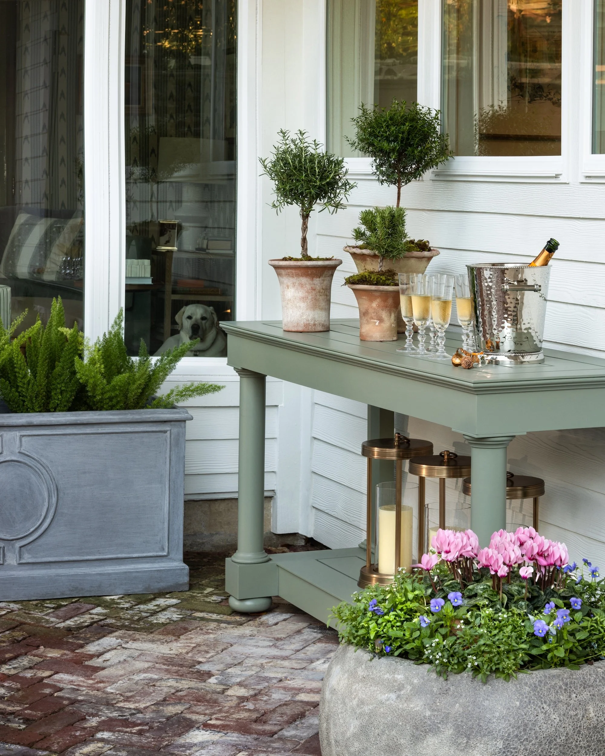 A small outdoor patio area with potted plants, including two larger shrubs in terracotta pots and a purple and pink flower arrangement in a large round stone pot. There is a light green table with candles and a champagne bucket with a bottle. A window with a reflection of trees and the interior of the house is in the background. A Labrador retriever dog is visible behind the window, sitting on a chair.