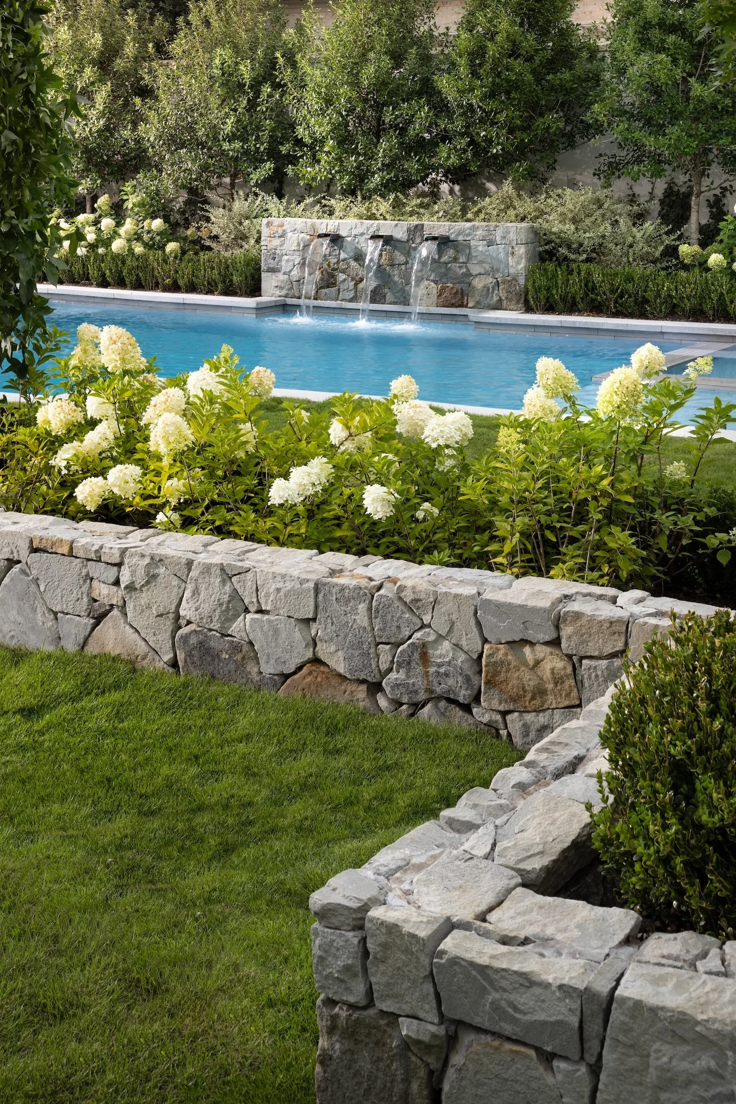 A backyard scene featuring a stone wall, a swimming pool with a fountain, lush green plants, and white flowering bushes.