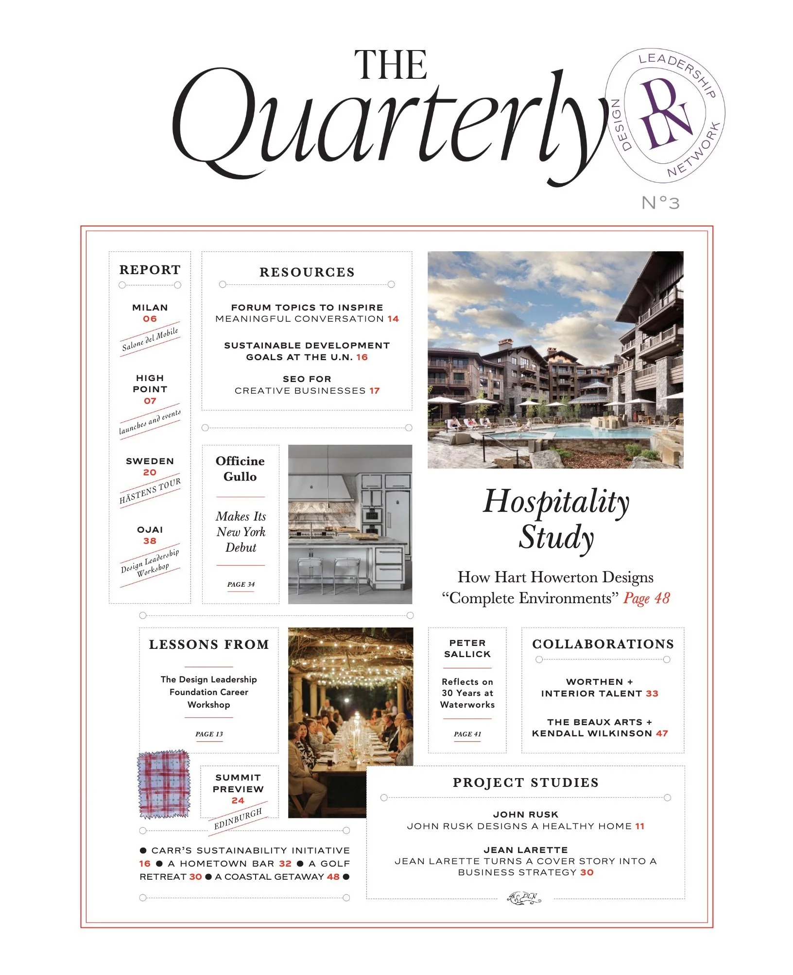 A magazine cover titled 'The Quarterly' with sections about hospitality studies, project studies, and sustainability initiatives, including images of a poolside scene, a modern kitchen, and a gathering of people at a dinner event.