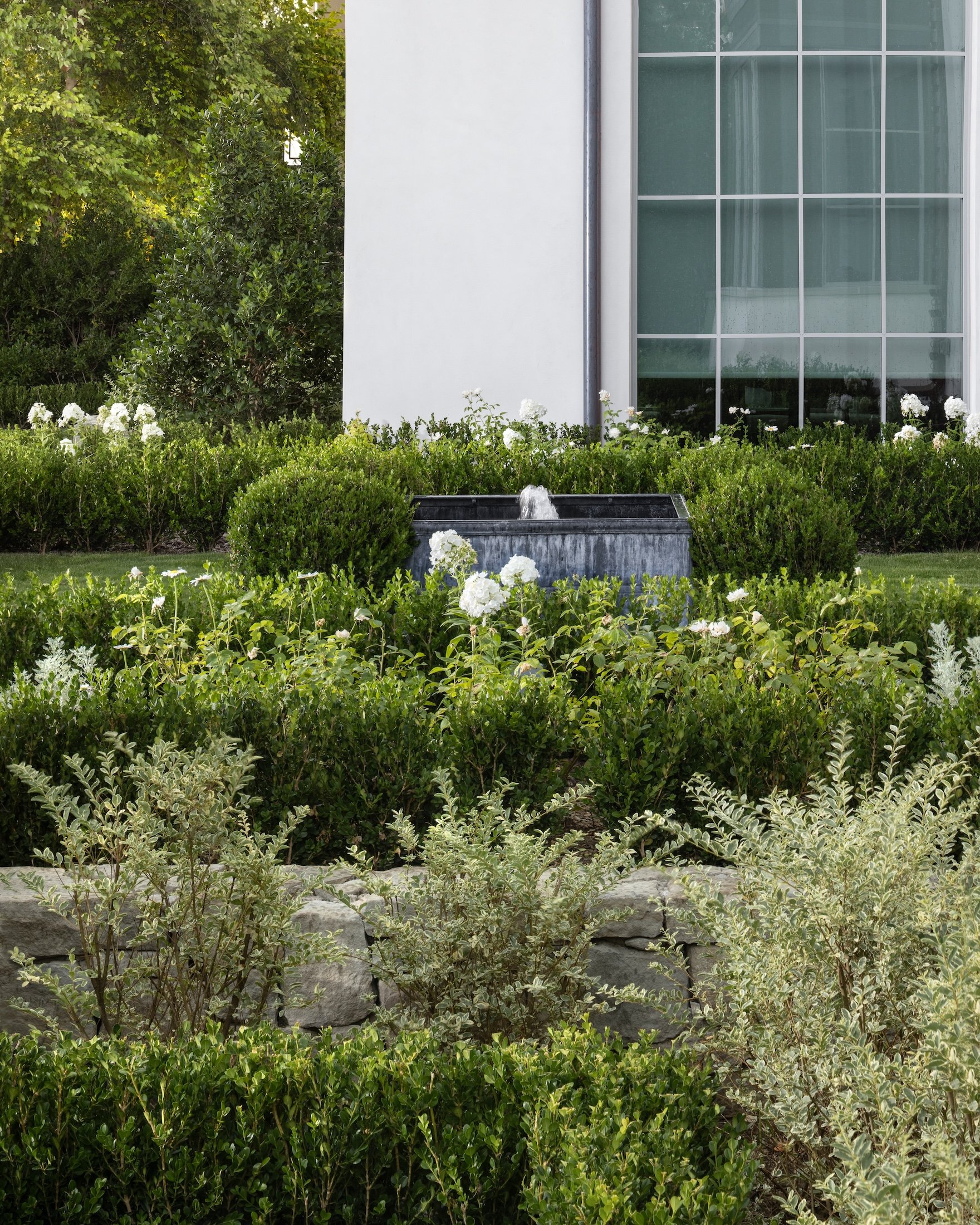 A well-maintained garden with various green plants, bushes, and white flowers, alongside a modern building with large glass windows and white walls.