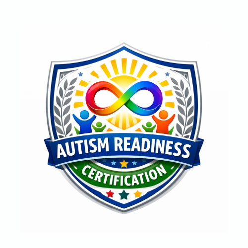 Autism readiness certification badge featuring a shield with an infinity symbol, colorful human figures, and a banner for certification