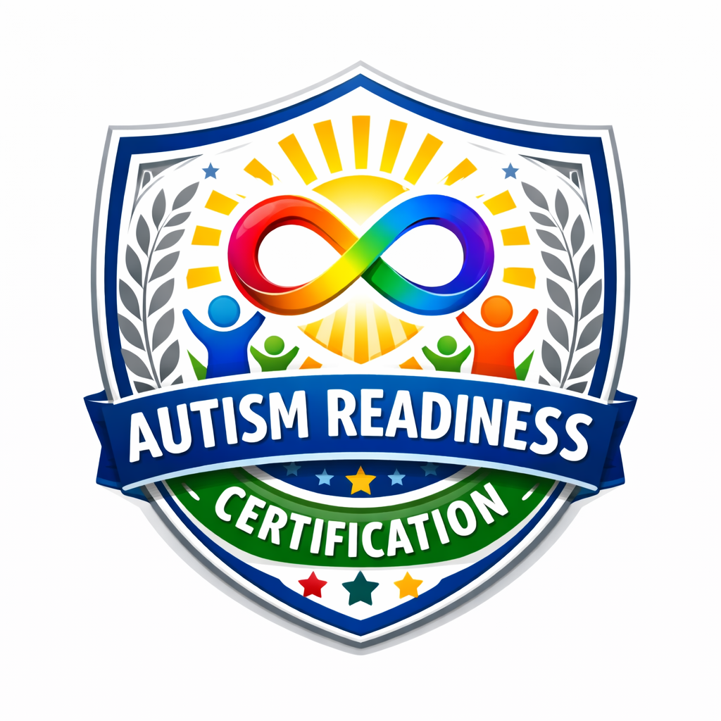 A colorful certification badge with an infinity symbol in rainbow colors at the center, surrounded by stylized human figures and a sun, with the words "Autism Readiness Certification" on a blue ribbon and green banner.